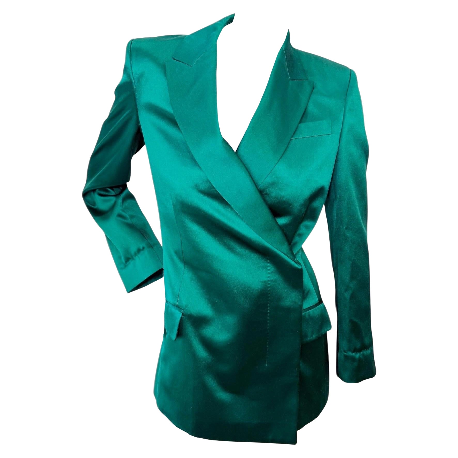 Gucci Emerald Green Silk Satin Wrap Blazer — Alessandro Michele Era, IT 36 For Sale