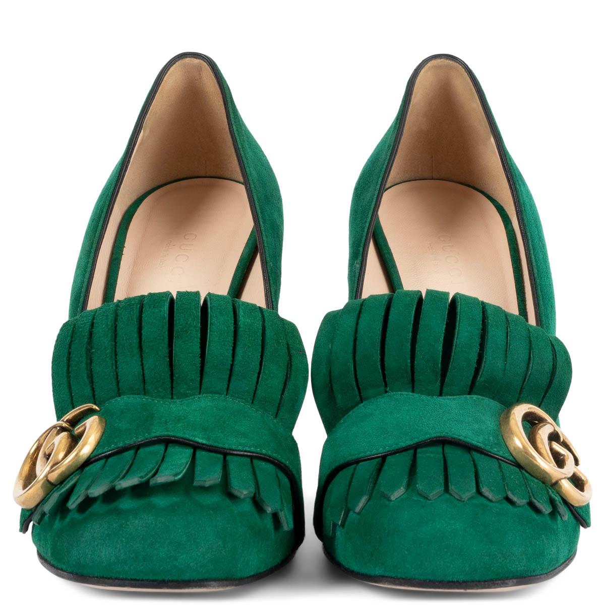 100% authentic Gucci GG Marmont 105 fringe pumps in emerald green suede with antique gold-tone logo. Have been worn once or twice and have a soft smoke odor. 

Measurements
Imprinted Size	38
Shoe Size	38
Inside Sole	25cm (9.8in)
Width	7.5cm