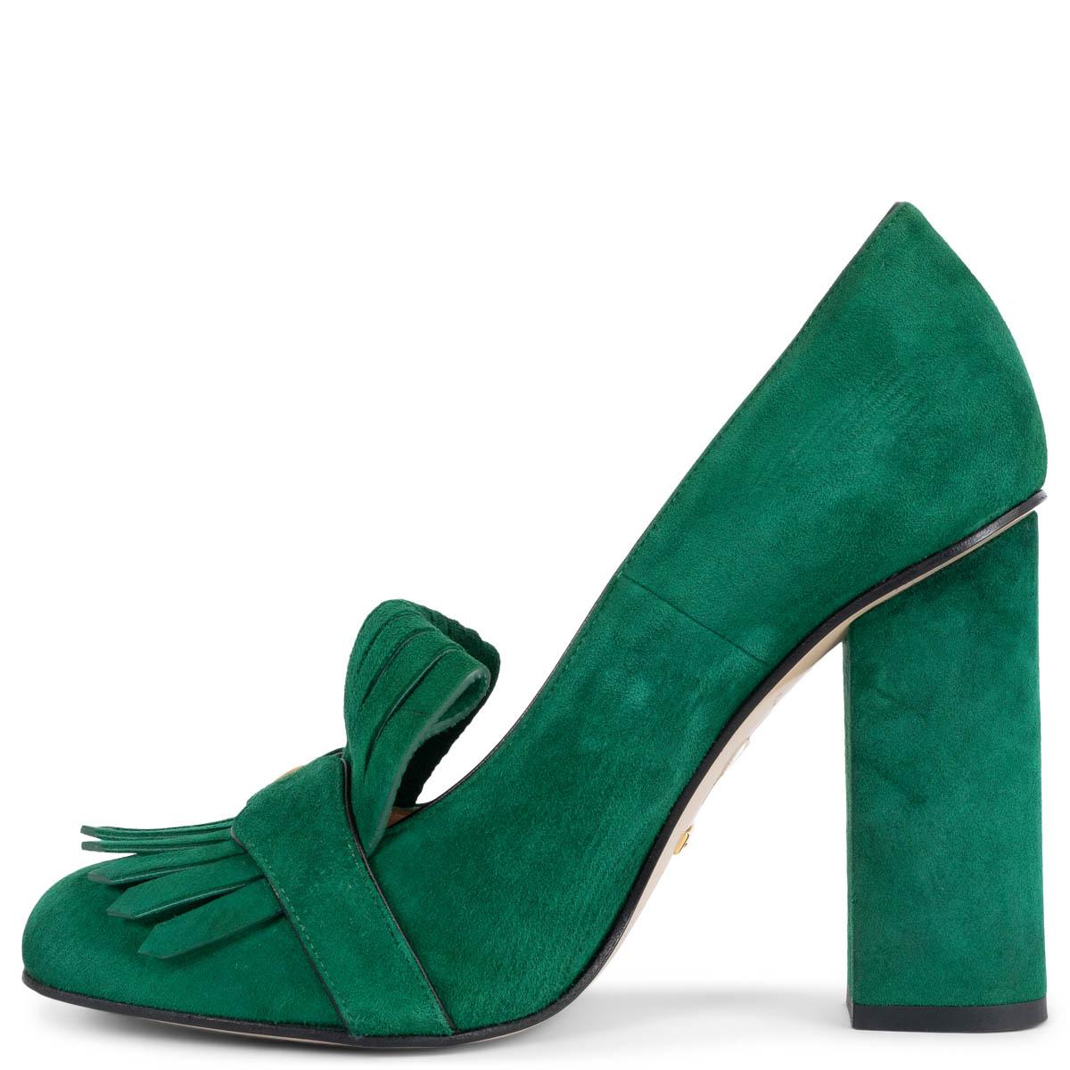 Green GUCCI emerald green suede GG MARMONT 105 FRINGE Pumps Shoes 38.5