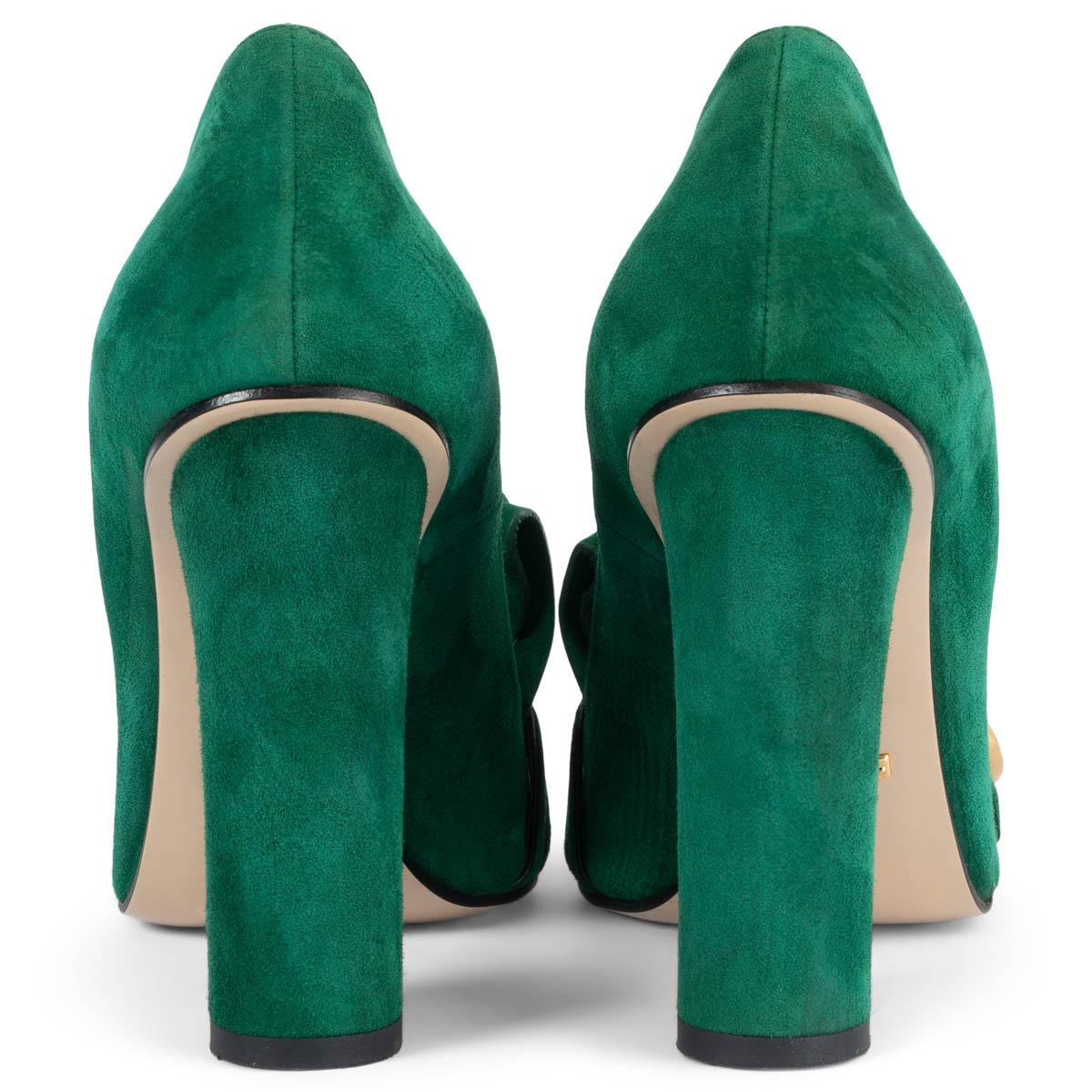 GUCCI emerald green suede GG MARMONT 105 FRINGE Pumps Shoes 38.5 In Excellent Condition In Zürich, CH