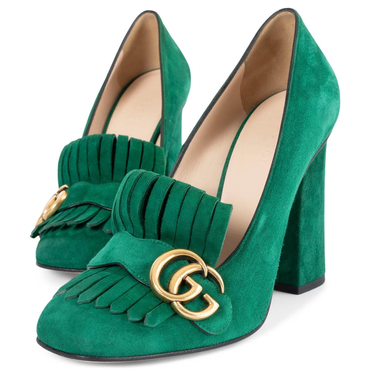 GUCCI emerald green suede GG MARMONT 105 FRINGE Pumps Shoes 38.5 1
