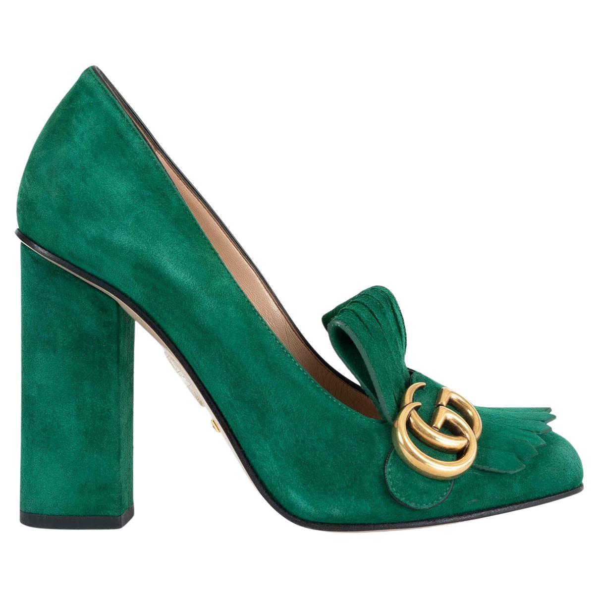 GUCCI emerald green suede GG MARMONT 105 FRINGE Pumps Shoes 38.5