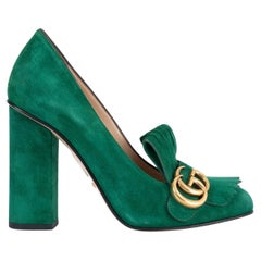 GUCCI emerald green suede GG MARMONT 105 FRINGE Pumps Shoes 38.5