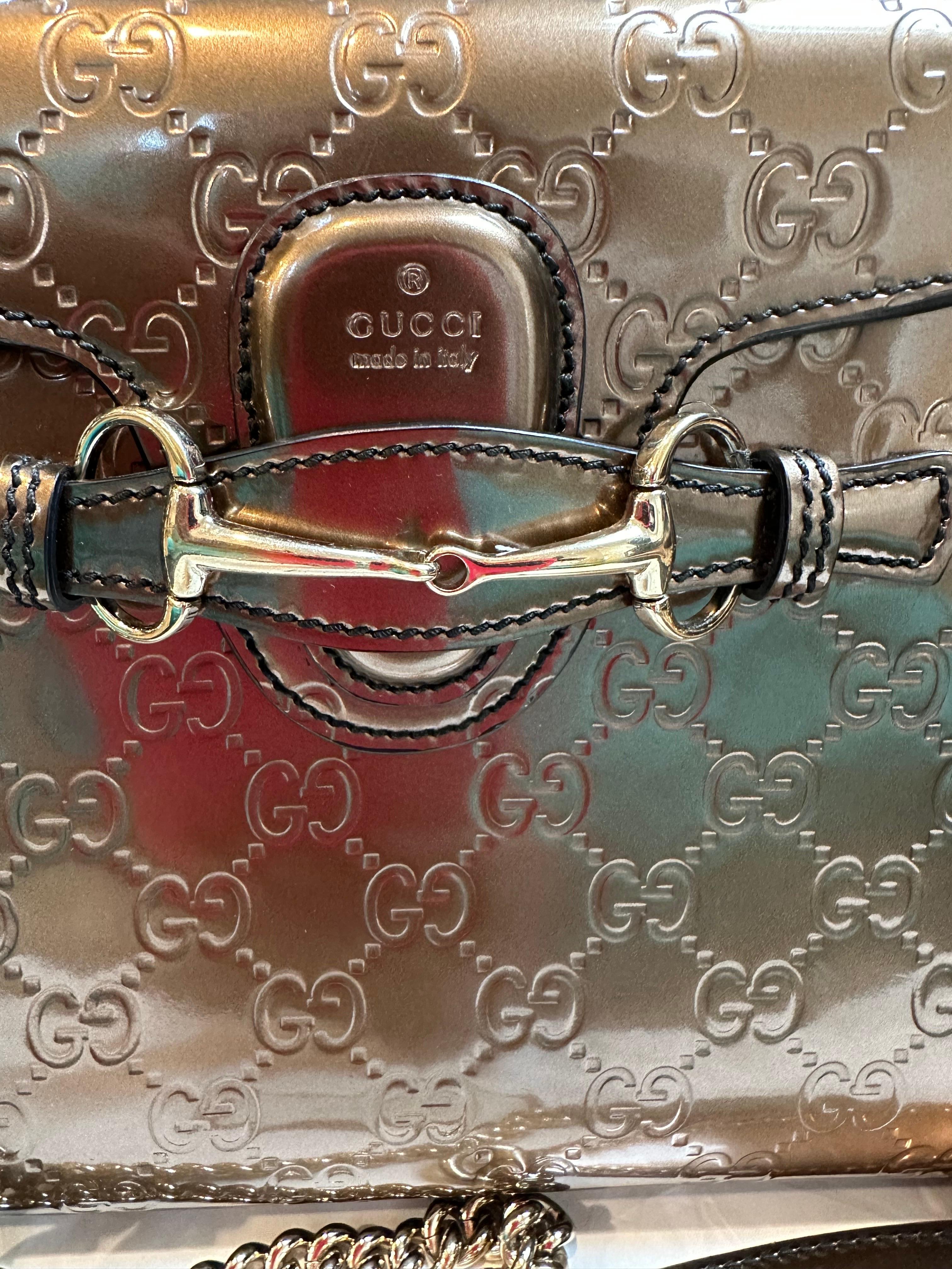 Gucci Emily GG Bronze Metallic Guccissima Leather double Chain Shoulder Bag For Sale 6