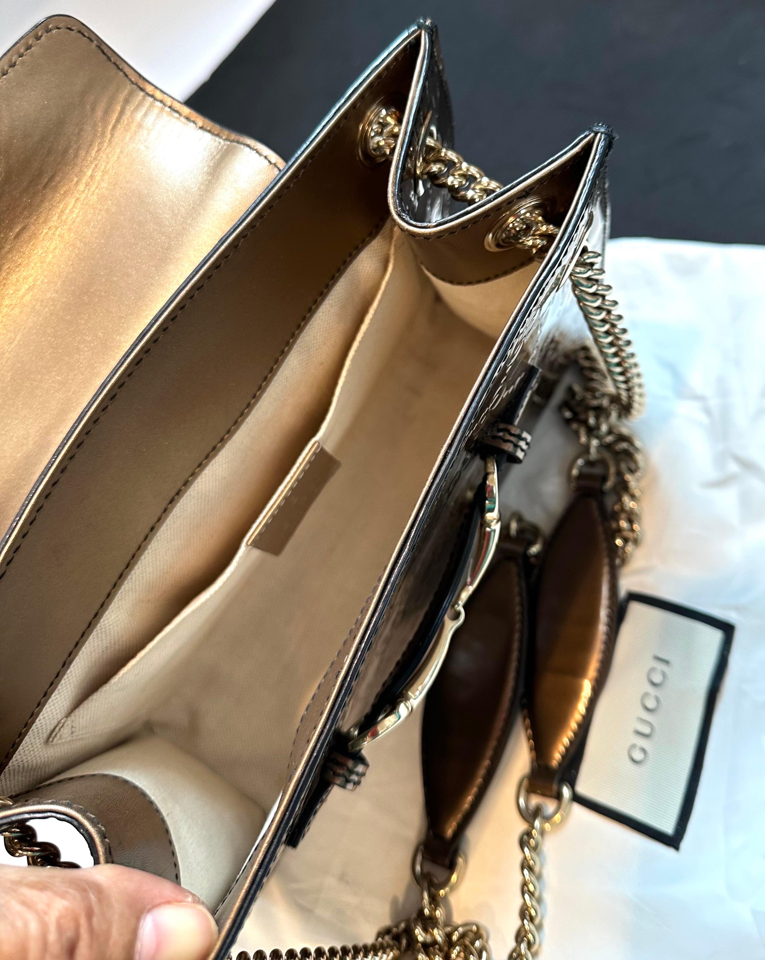 Gucci Emily GG Bronze Metallic Guccissima Leather double Chain Shoulder Bag For Sale 6