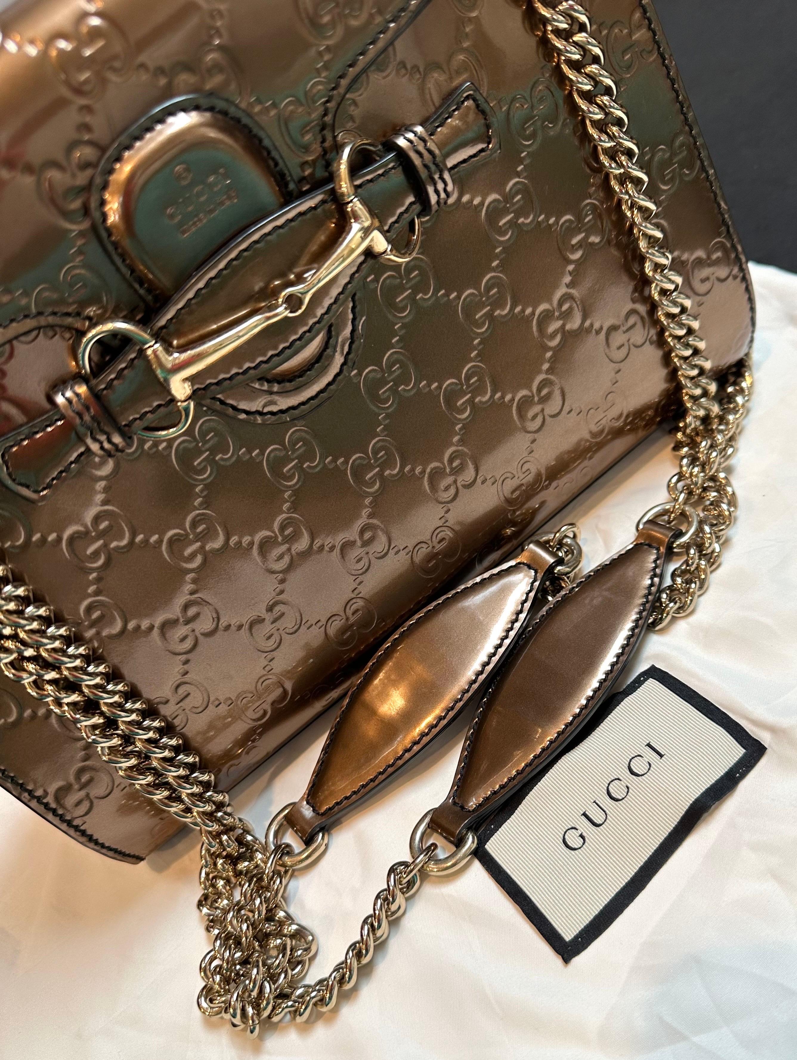 Gucci Emily GG Bronze Metallic Guccissima Leather double Chain Shoulder Bag For Sale 8