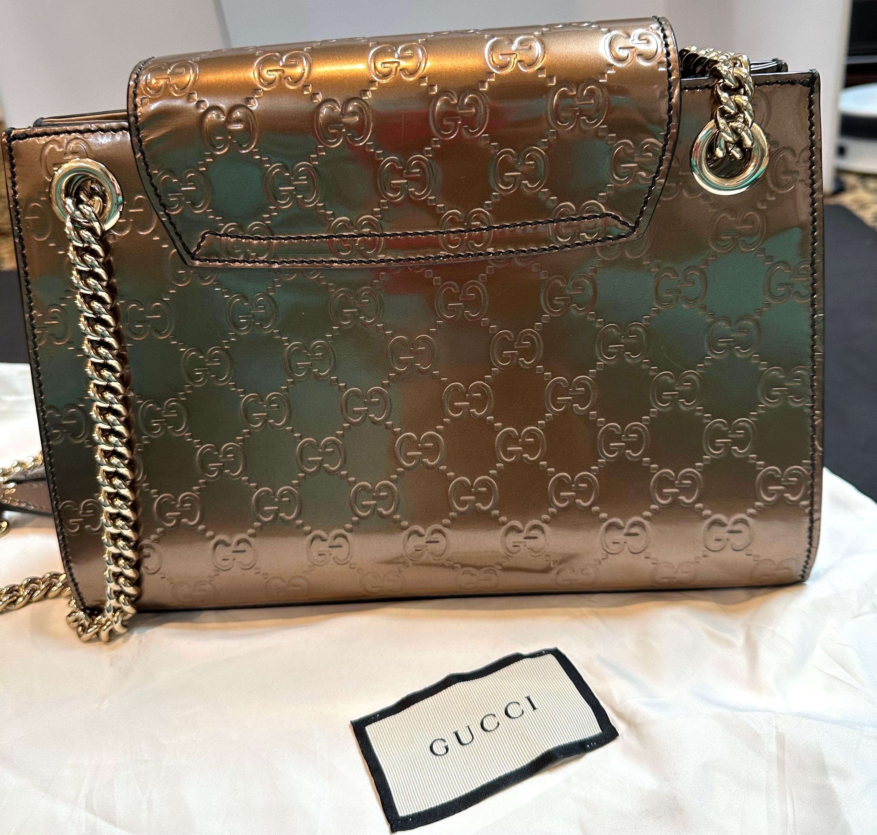 Gucci Emily GG Bronze Metallic Guccissima Leather double Chain Shoulder Bag For Sale 9