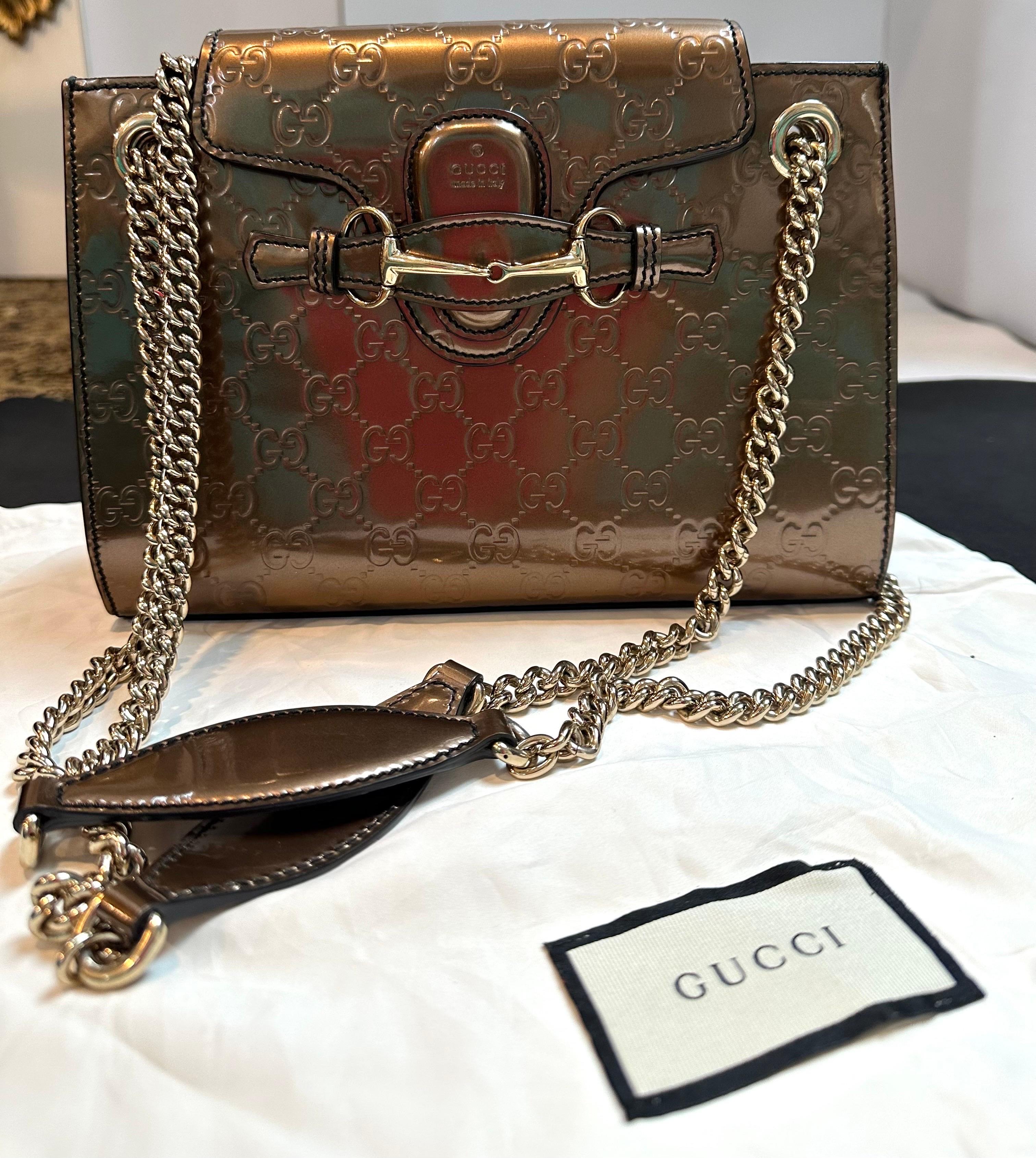 Gucci Emily GG Bronze Metallic Guccissima Leather double Chain Shoulder Bag For Sale 10