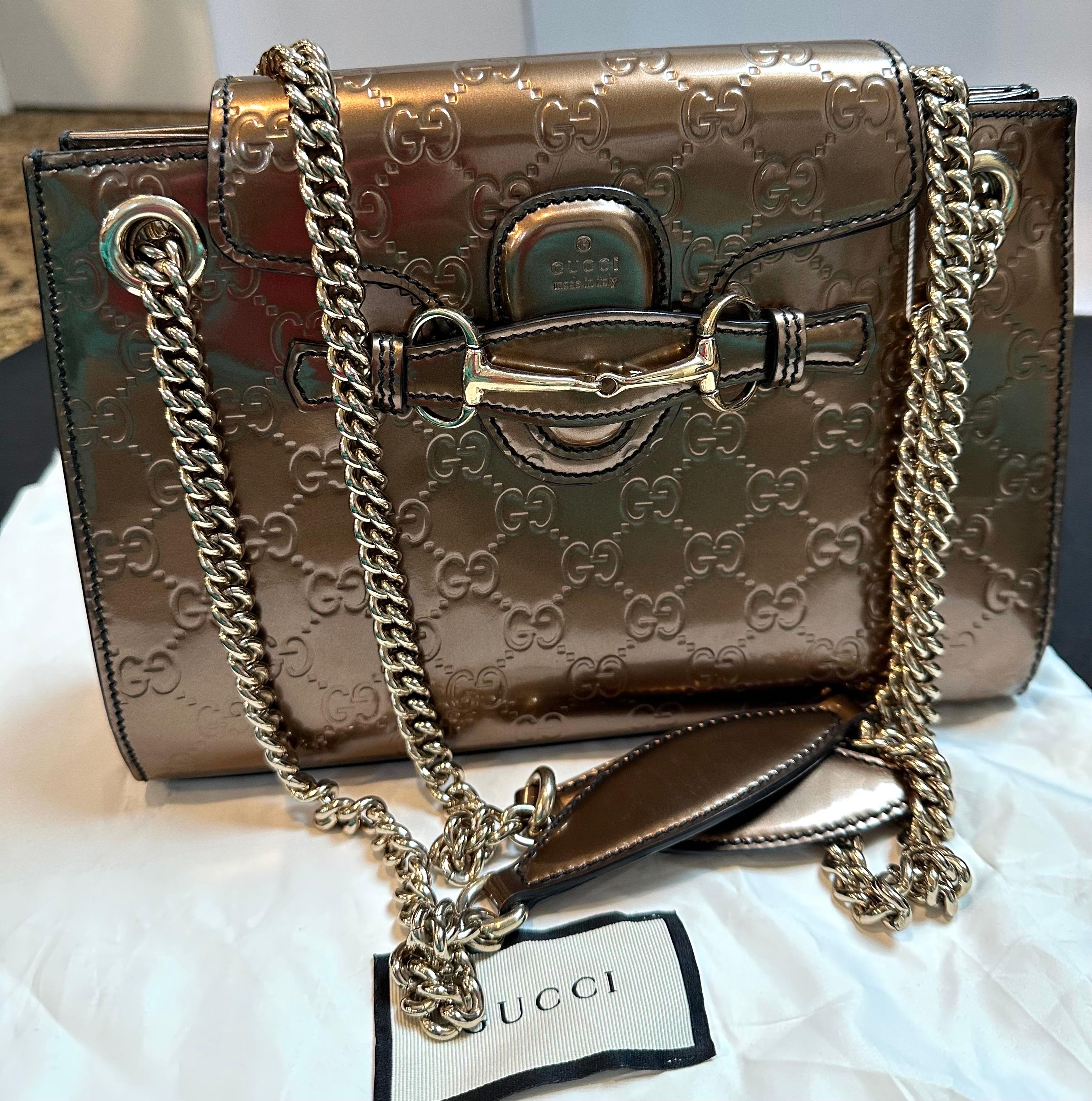 Women's Gucci Emily GG Bronze Metallic Guccissima Leather double Chain Shoulder Bag For Sale