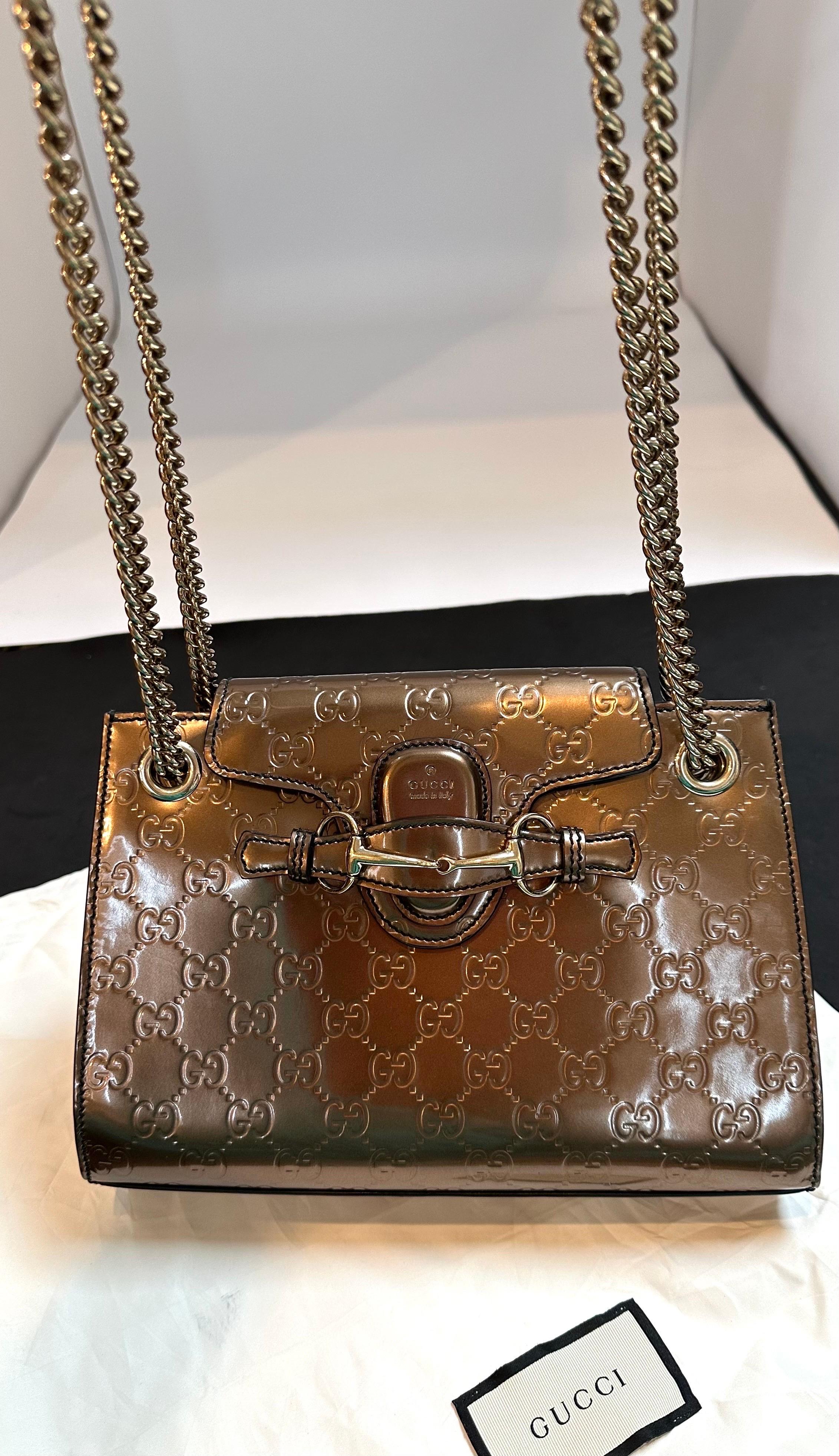 Gucci Emily GG Bronze Metallic Guccissima Leather double Chain Shoulder Bag For Sale 2