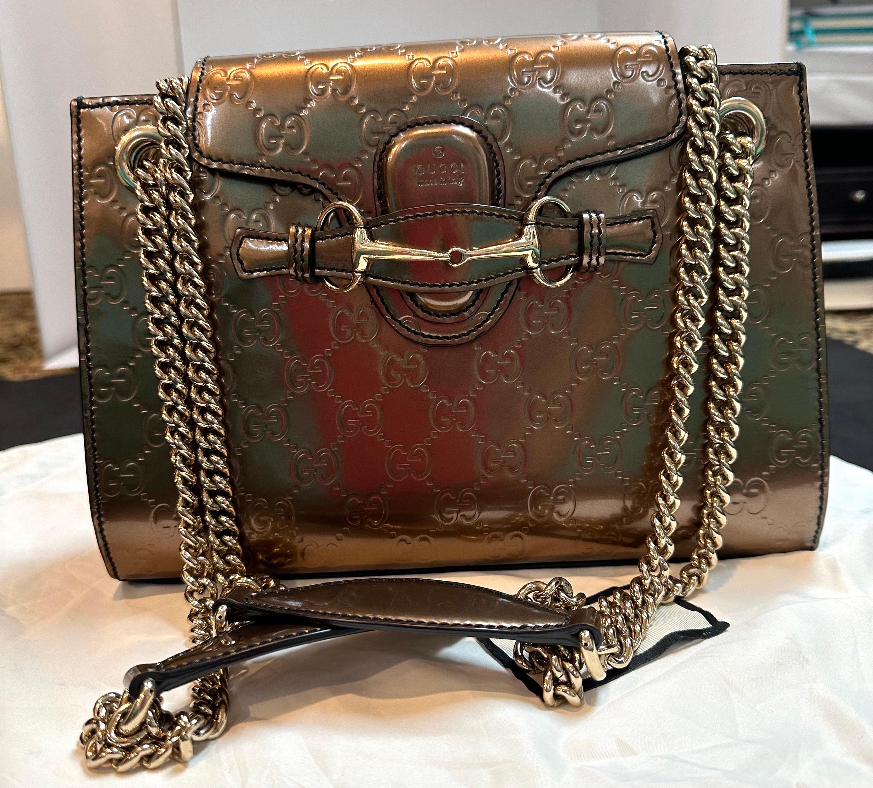 Gucci Emily GG Bronze Metallic Guccissima Leather double Chain Shoulder Bag For Sale 3