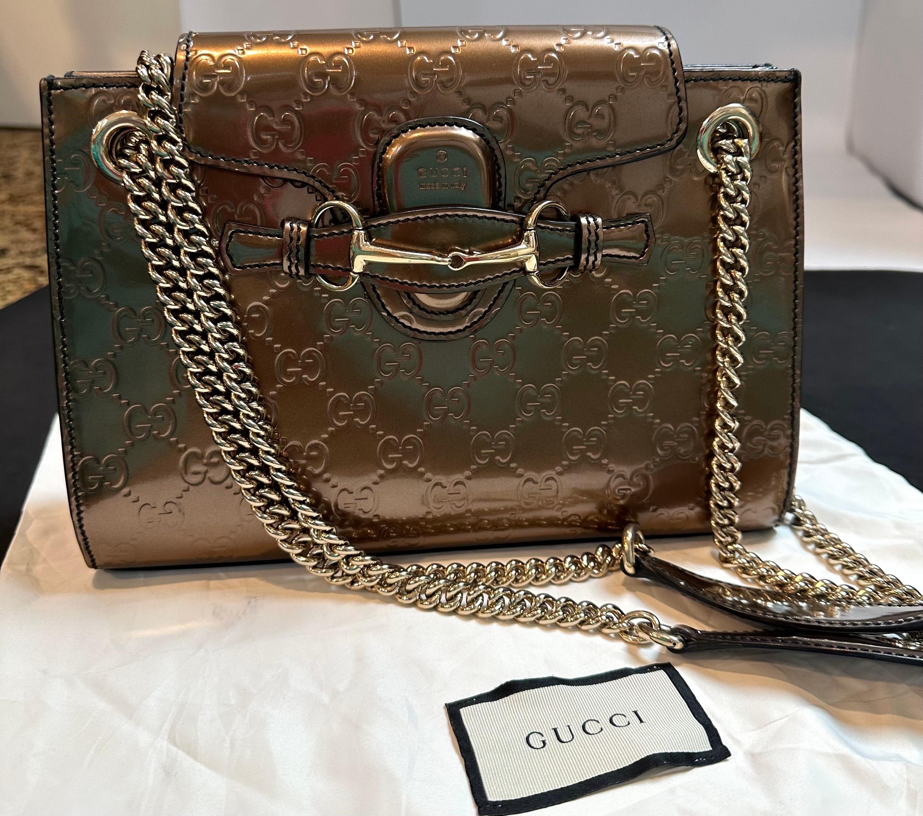 Gucci Emily GG Bronze Metallic Guccissima Leather double Chain Shoulder Bag For Sale 4