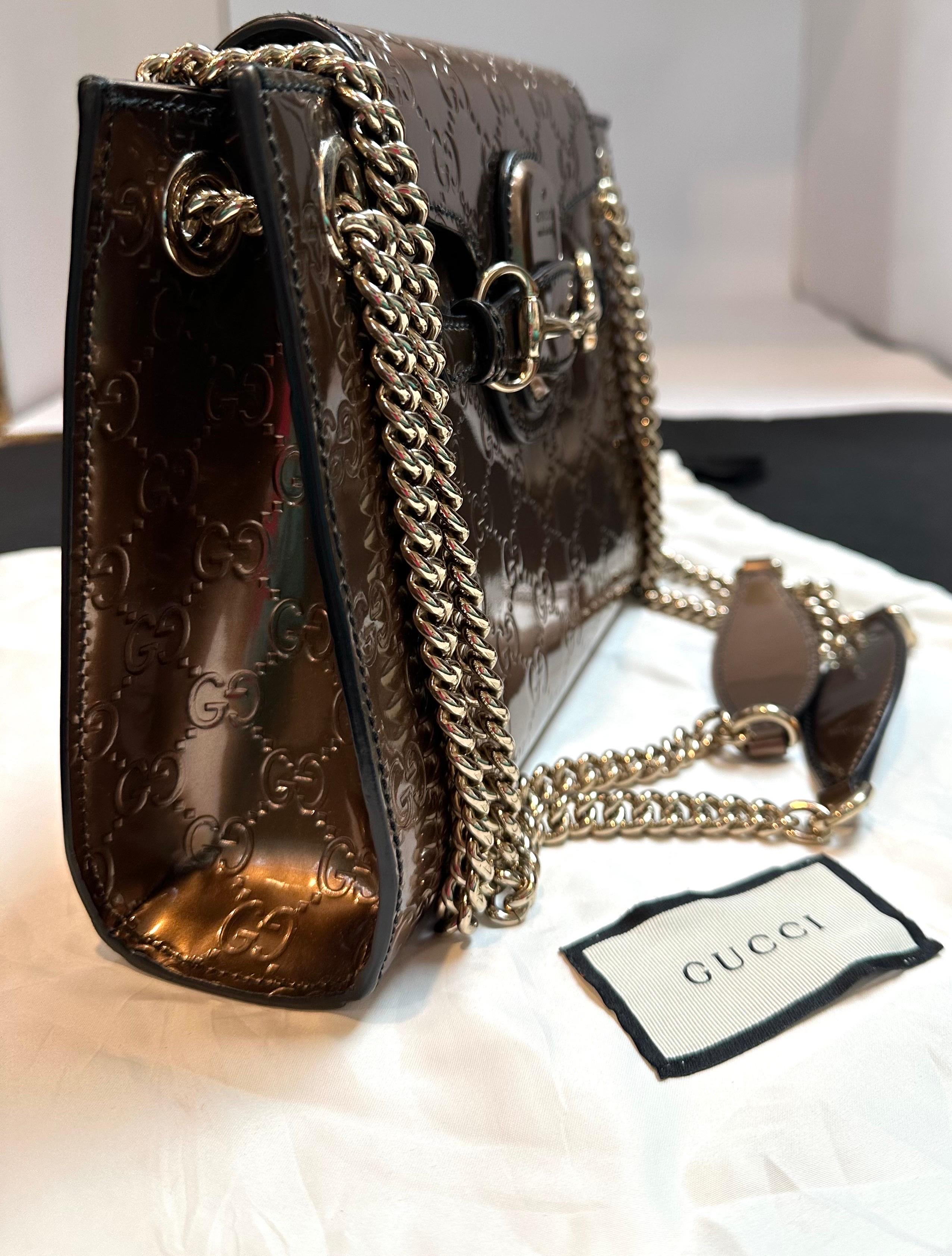 Gucci Emily GG Bronze Metallic Guccissima Leather double Chain Shoulder Bag For Sale 5