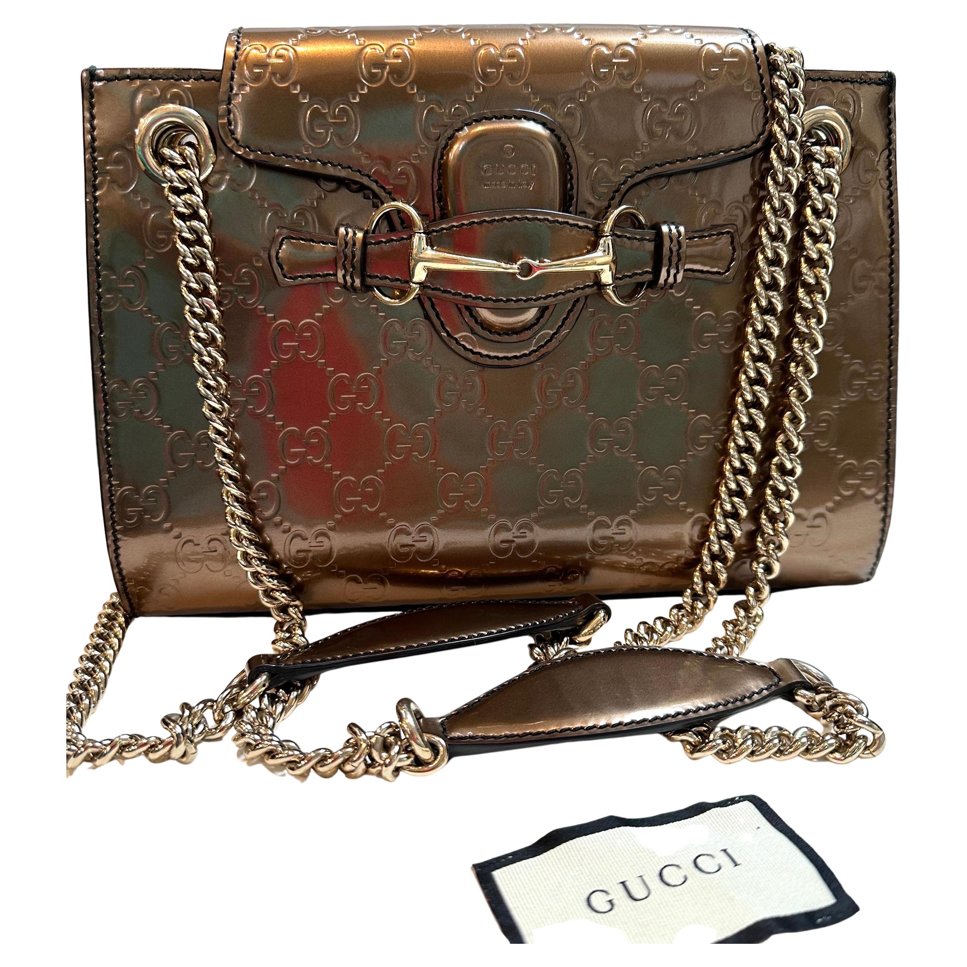 Gucci Emily GG Bronze Metallic Guccissima Leather double Chain Shoulder Bag For Sale