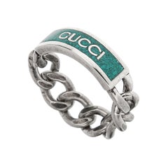 Gucci Enamel Logo Sterling Silver Chain Link Ring Size 10
