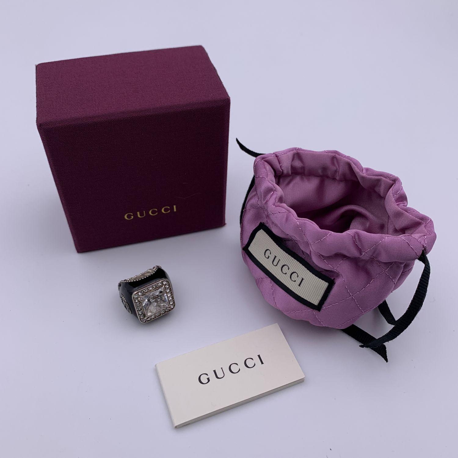 Square Cut Gucci Enamel Sterling Silver White Crystals Ring Size 12 Never Worn