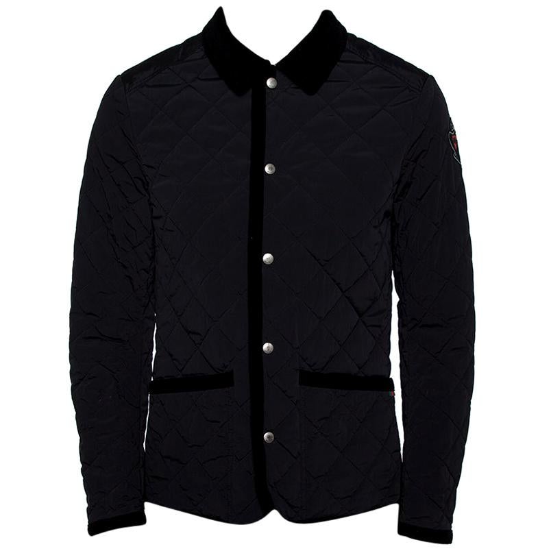 Gucci Equestrian Black Velvet Trim Detail Quilted Jacket M