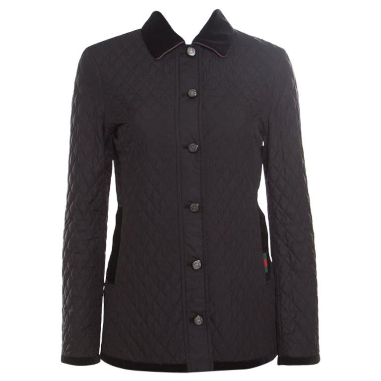 Gucci Equestrian Black Velvet Trim Detail Quilted Jacket S