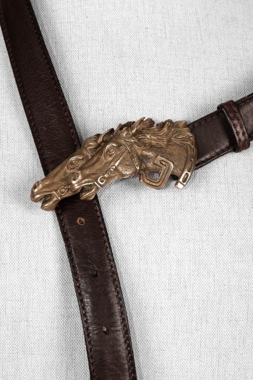Black GUCCI Equestrian Double Horse Head Bronze Buckle & Brown Leather Belt, c. 1970s