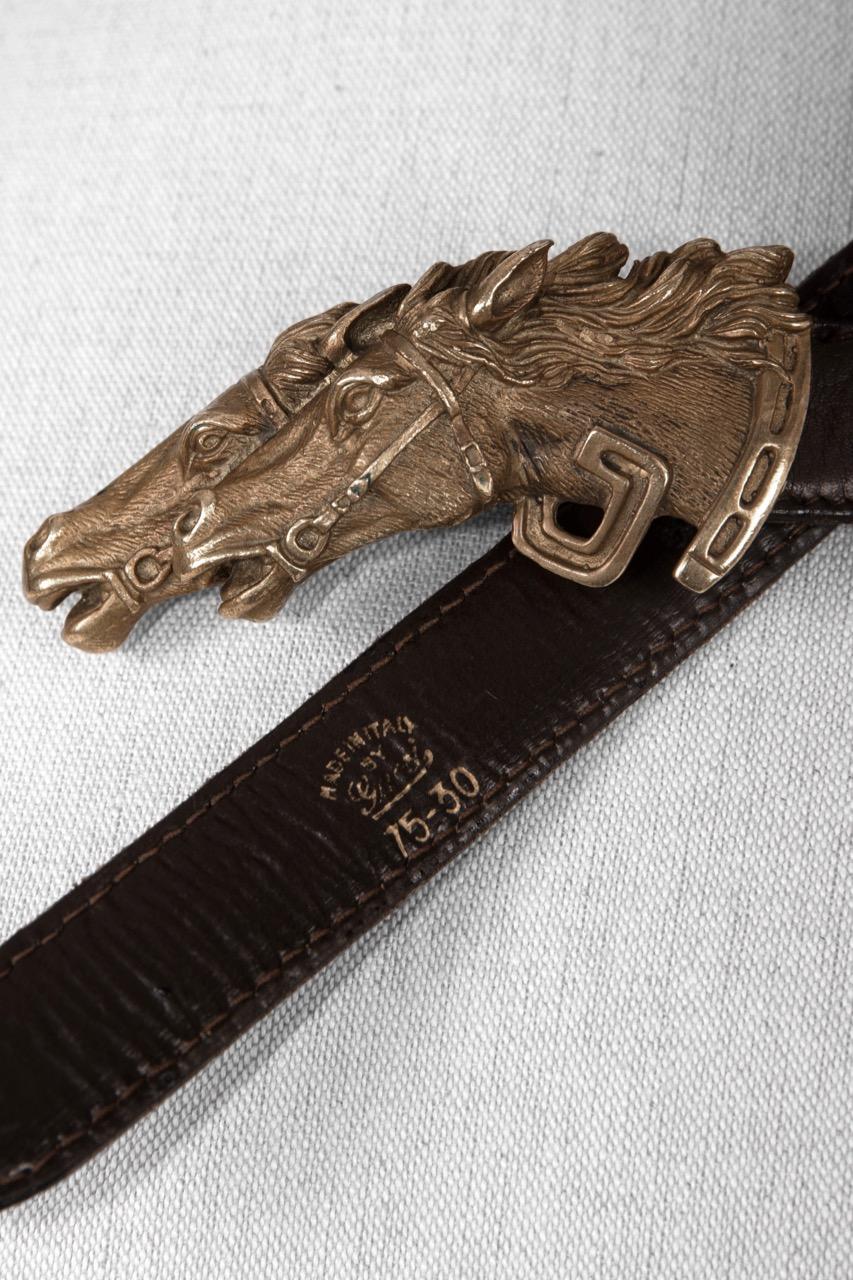 GUCCI Equestrian Double Horse Head Bronze Buckle & Brown Leather Belt, c. 1970s In Excellent Condition In Munich, DE