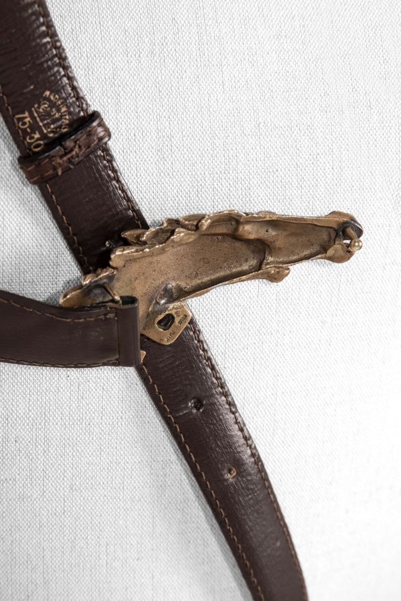 Women's GUCCI Equestrian Double Horse Head Bronze Buckle & Brown Leather Belt, c. 1970s