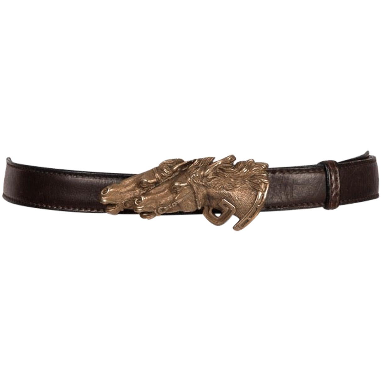 GUCCI Equestrian Double Horse Head Bronze Buckle & Brown Leather Belt, c. 1970s