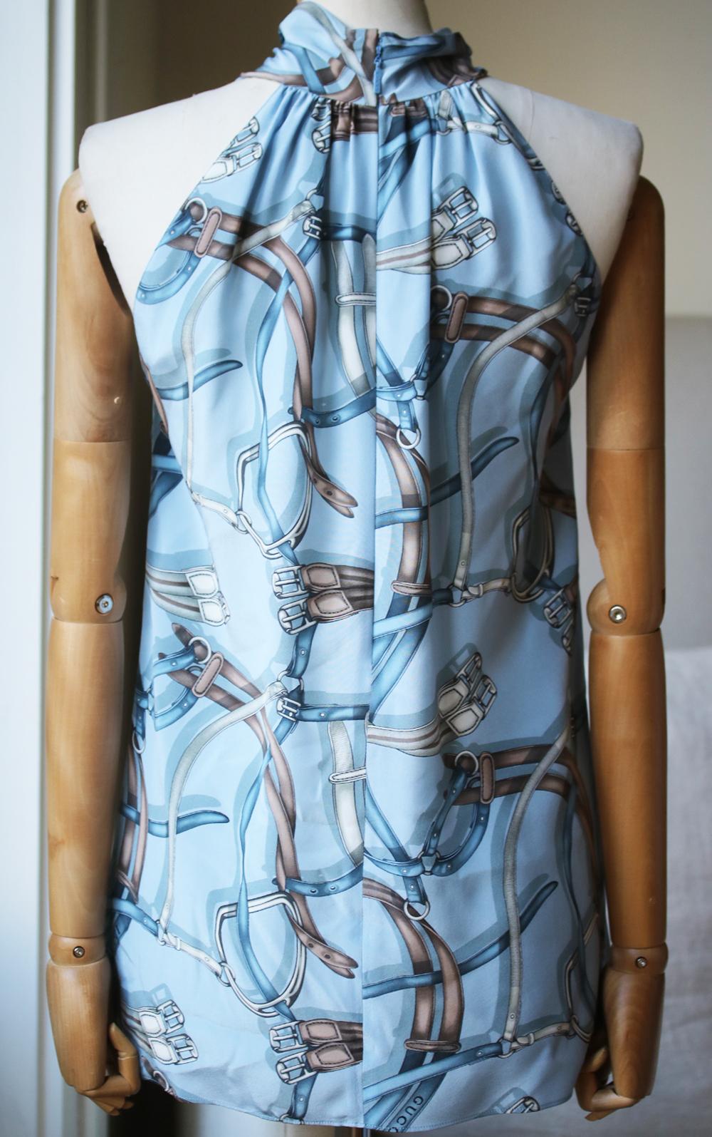 Blue Gucci Equestrian-Print Silk Top