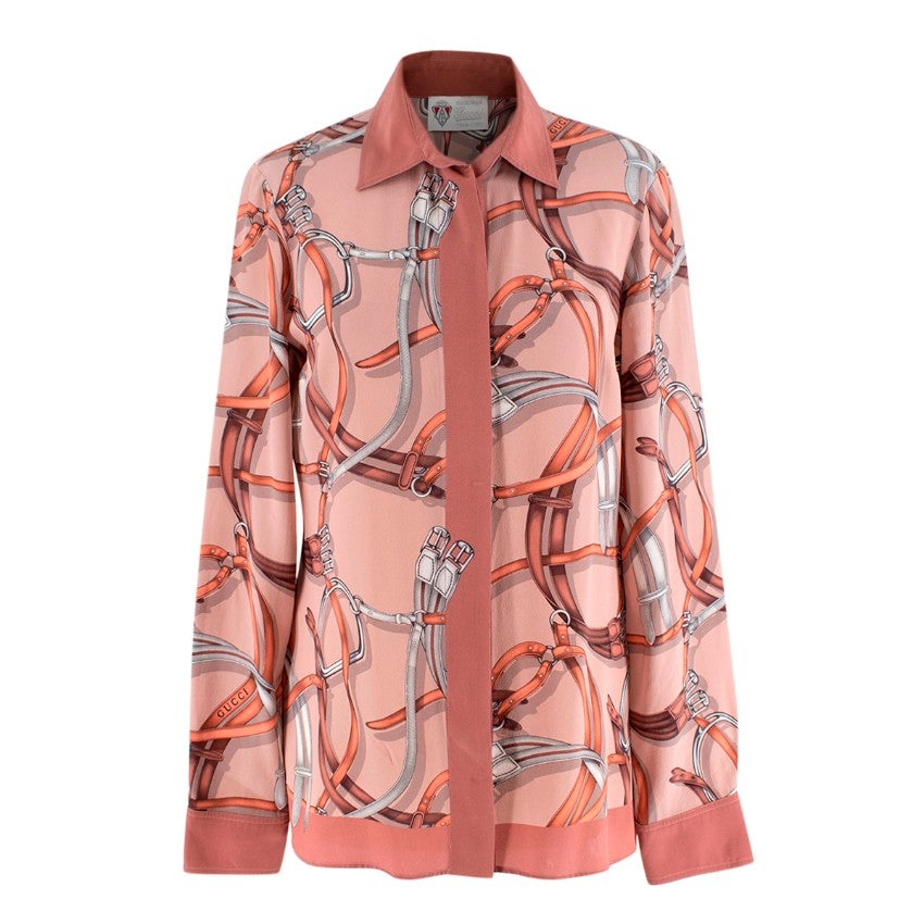 Gucci Equestrian Vintage Blush Pink Silk Bridle Print Blouse For Sale