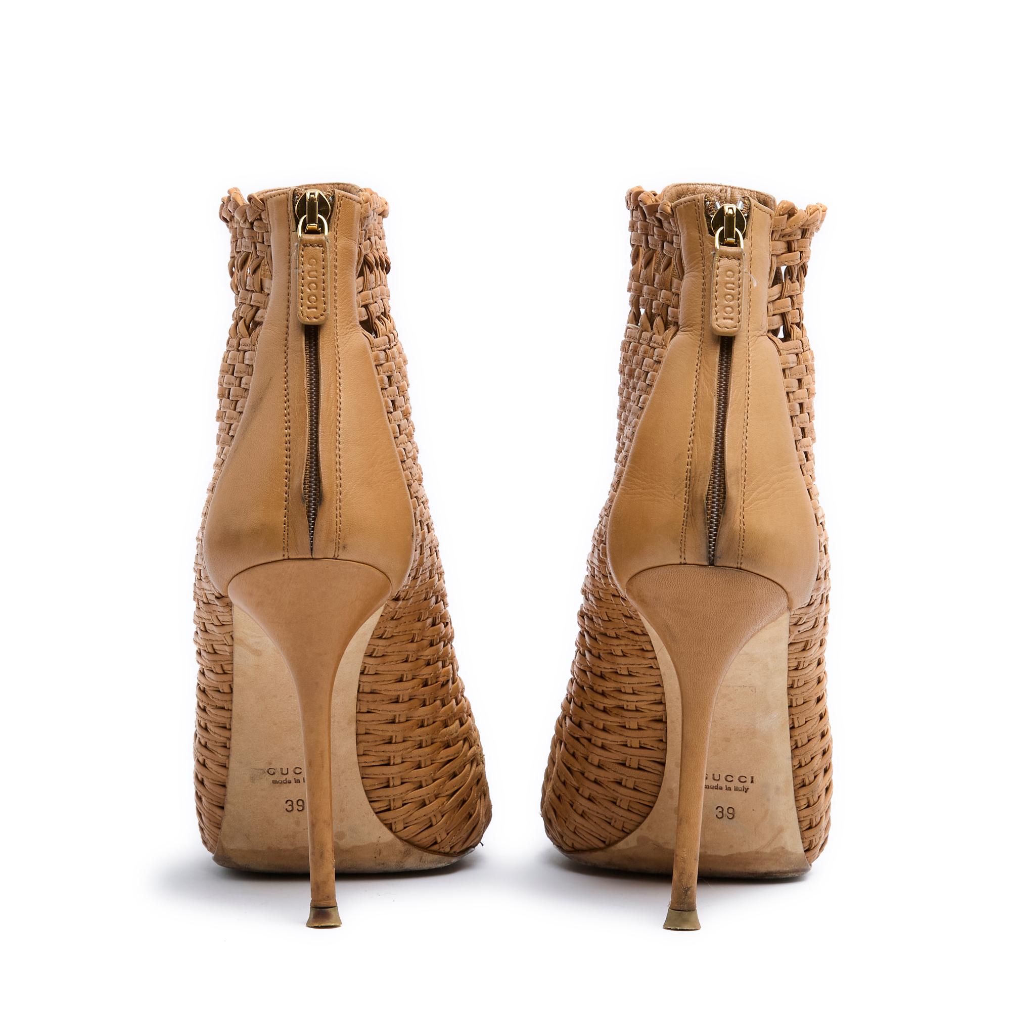 Women's or Men's Gucci Escarpins EU39 Marrakech Tan Leather Open Toe Heels US8.5 For Sale