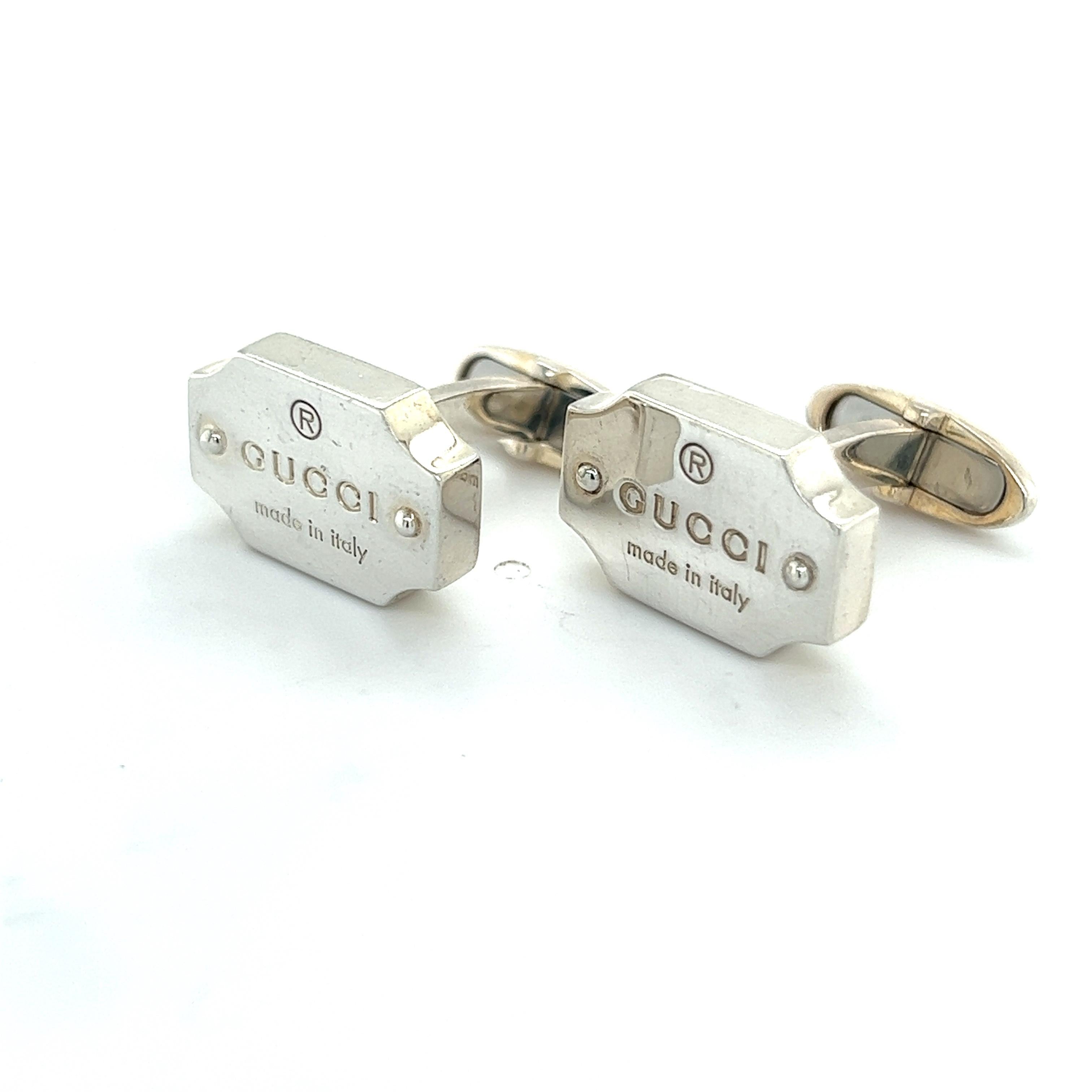 Authentic Gucci Estate Mens Cufflinks Sterling Silver G11

These elegant Authentic Gucci cufflinks are made of sterling silver and have a weight of 16.9 grams.

MADE IN ITALY

TRUSTED SELLER SINCE 2002

PLEASE SEE OUR HUNDREDS OF POSITIVE FEEDBACKS