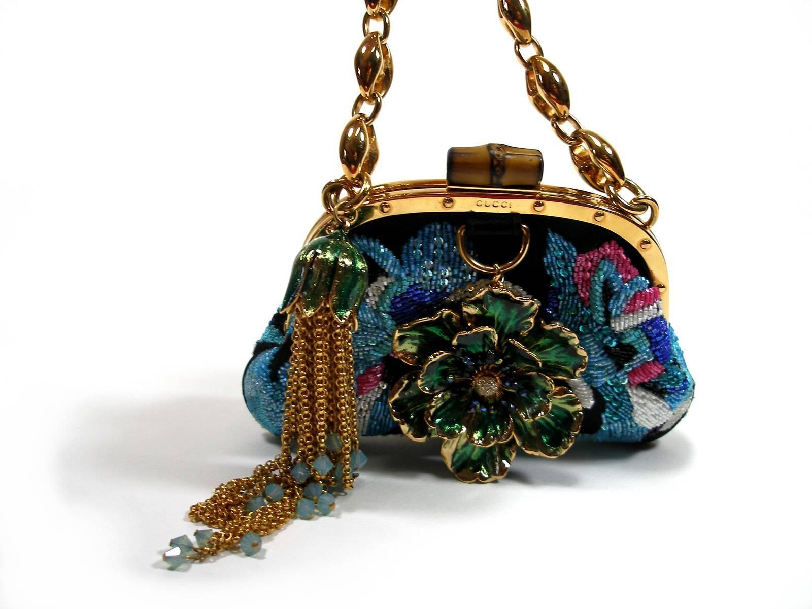 Black  Gucci Evening Minaudiére Bag Silk Embroidered and Glass Beads and Floral Charms