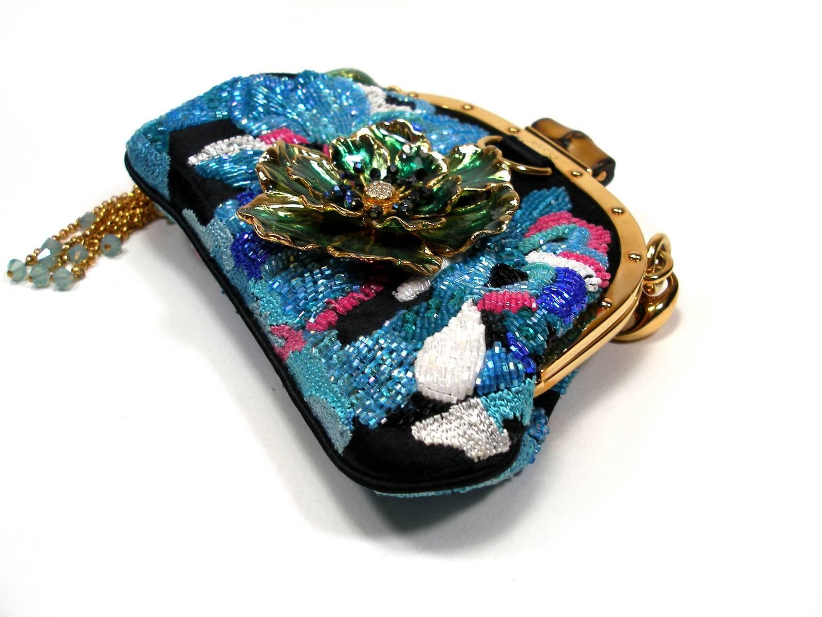  Gucci Evening Minaudiére Bag Silk Embroidered and Glass Beads and Floral Charms 2