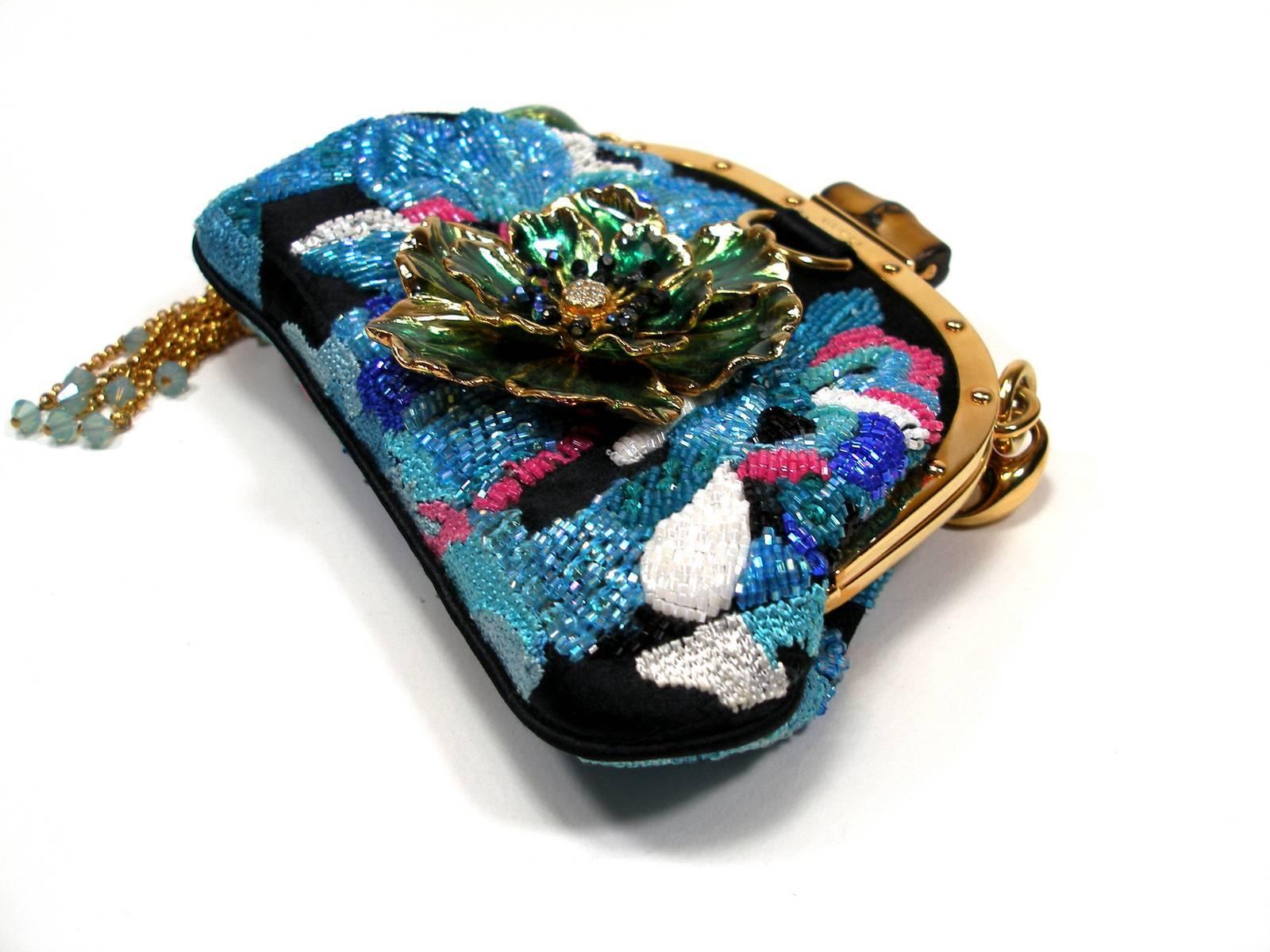 Gucci Evening Minaudiére Bag Silk Embroidered and Glass Beads and Floral Charms 2