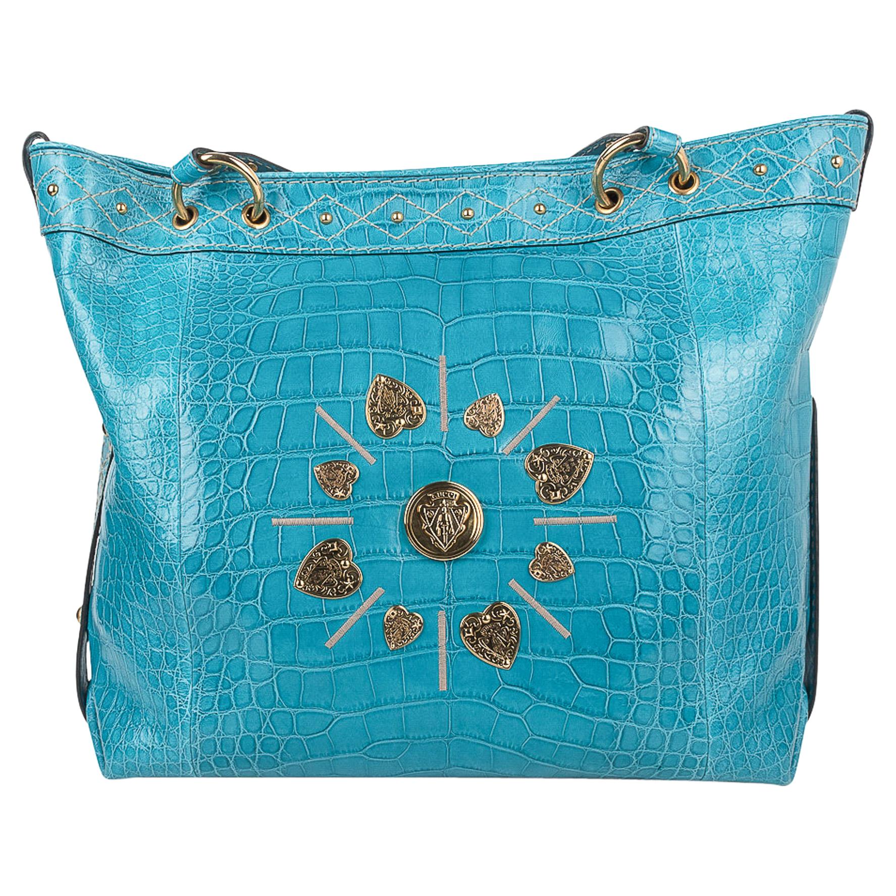 Gucci Exclusive Limited Edition Turquoise Crocodile Irina Tote Bag 