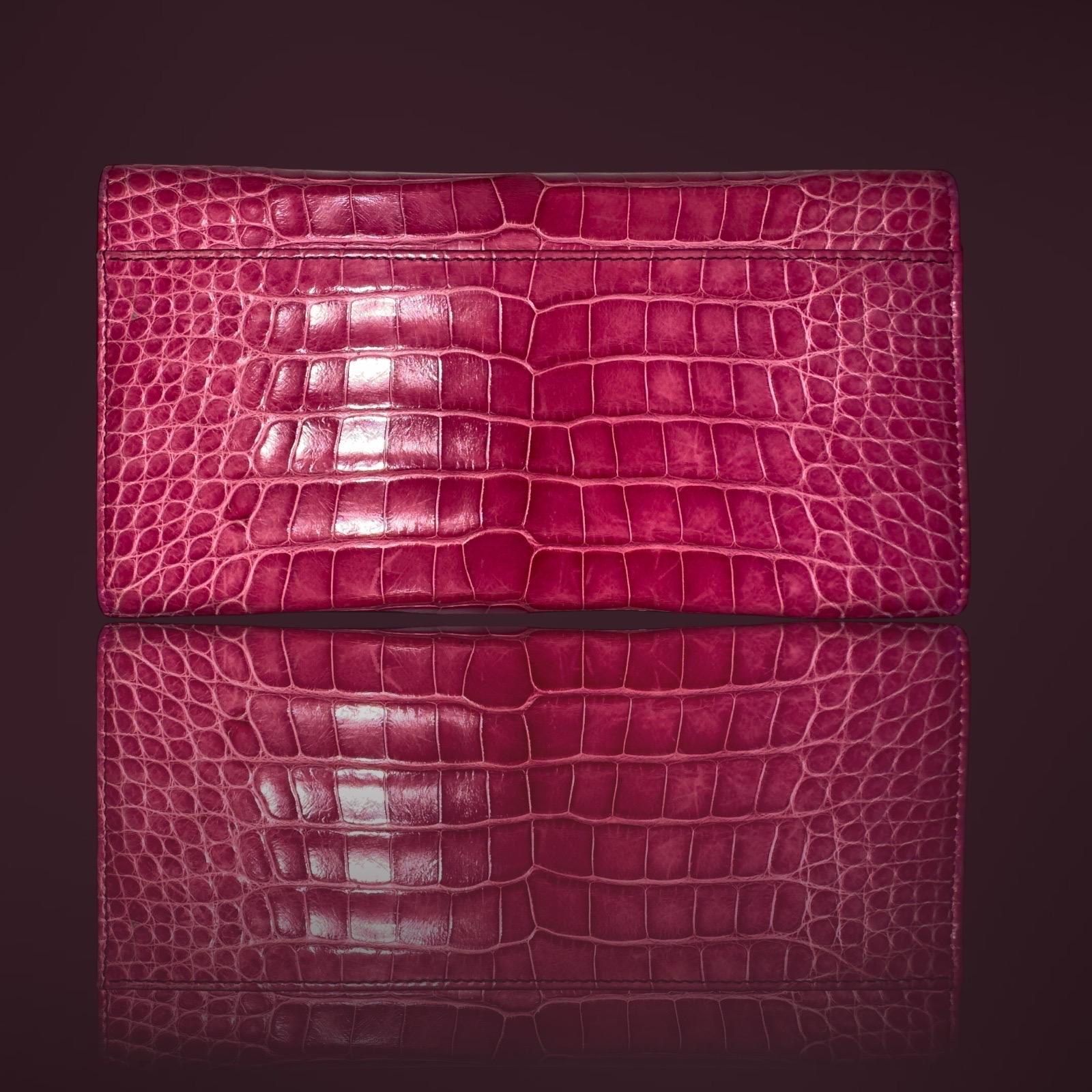 Pink GUCCI Exotic Crocodile Skin & Bamboo Long Wallet - Rare & Unique Color For Sale