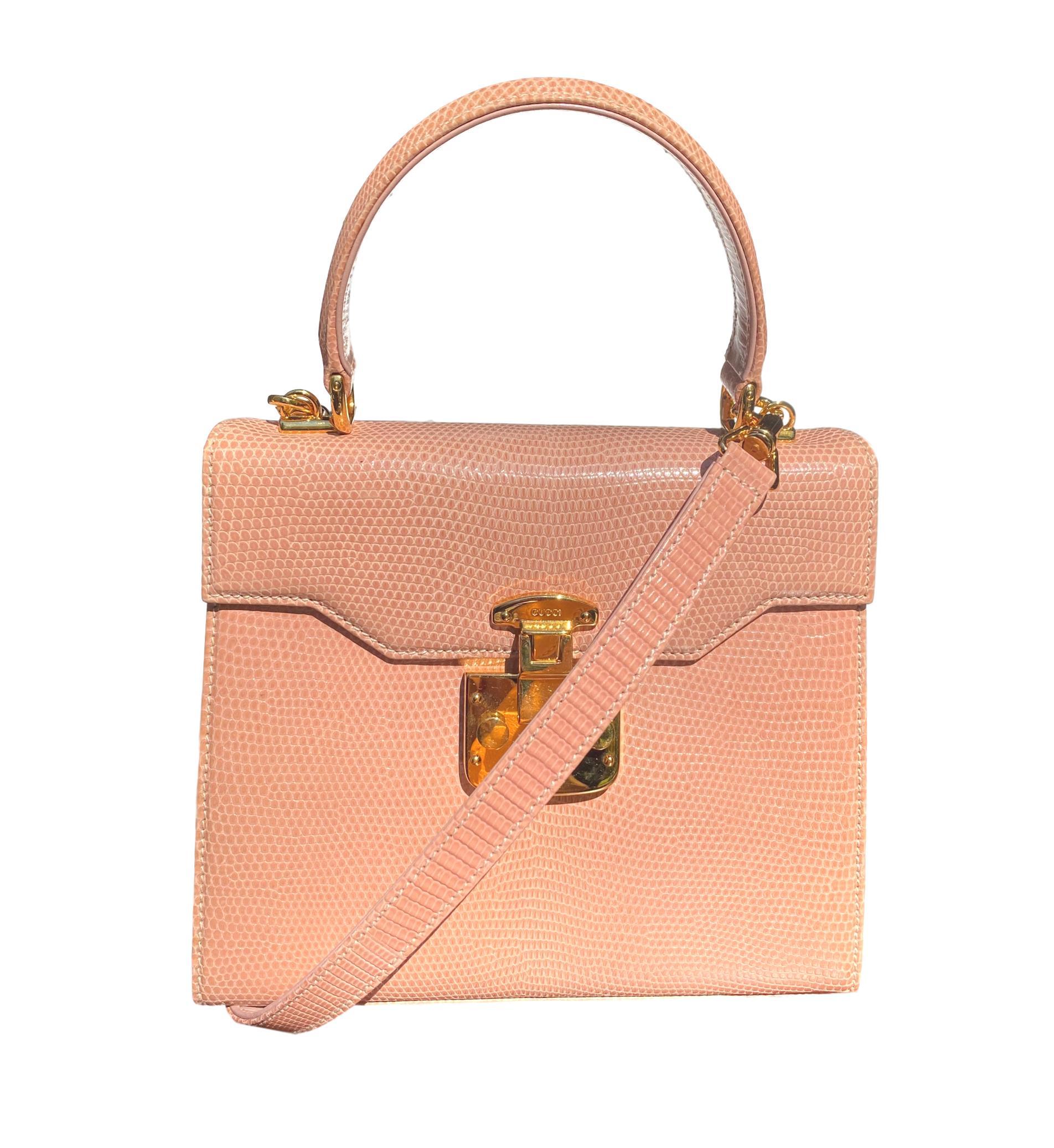 Gucci Exotic Lizard Blush Top Handle Kelly Style Shoulder Bag 3