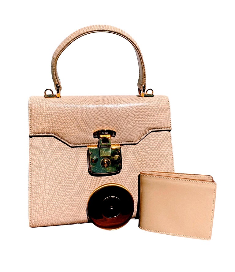 Gucci Exotic Lizard Taupe Top Handle Kelly Style Shoulder Bag at