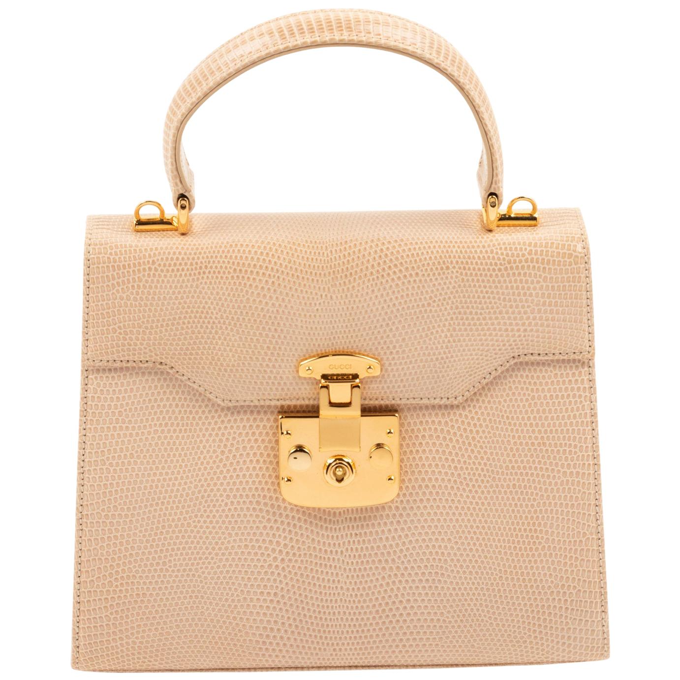 Gucci Exotic Lizard Taupe Top Handle Kelly Style Shoulder Bag