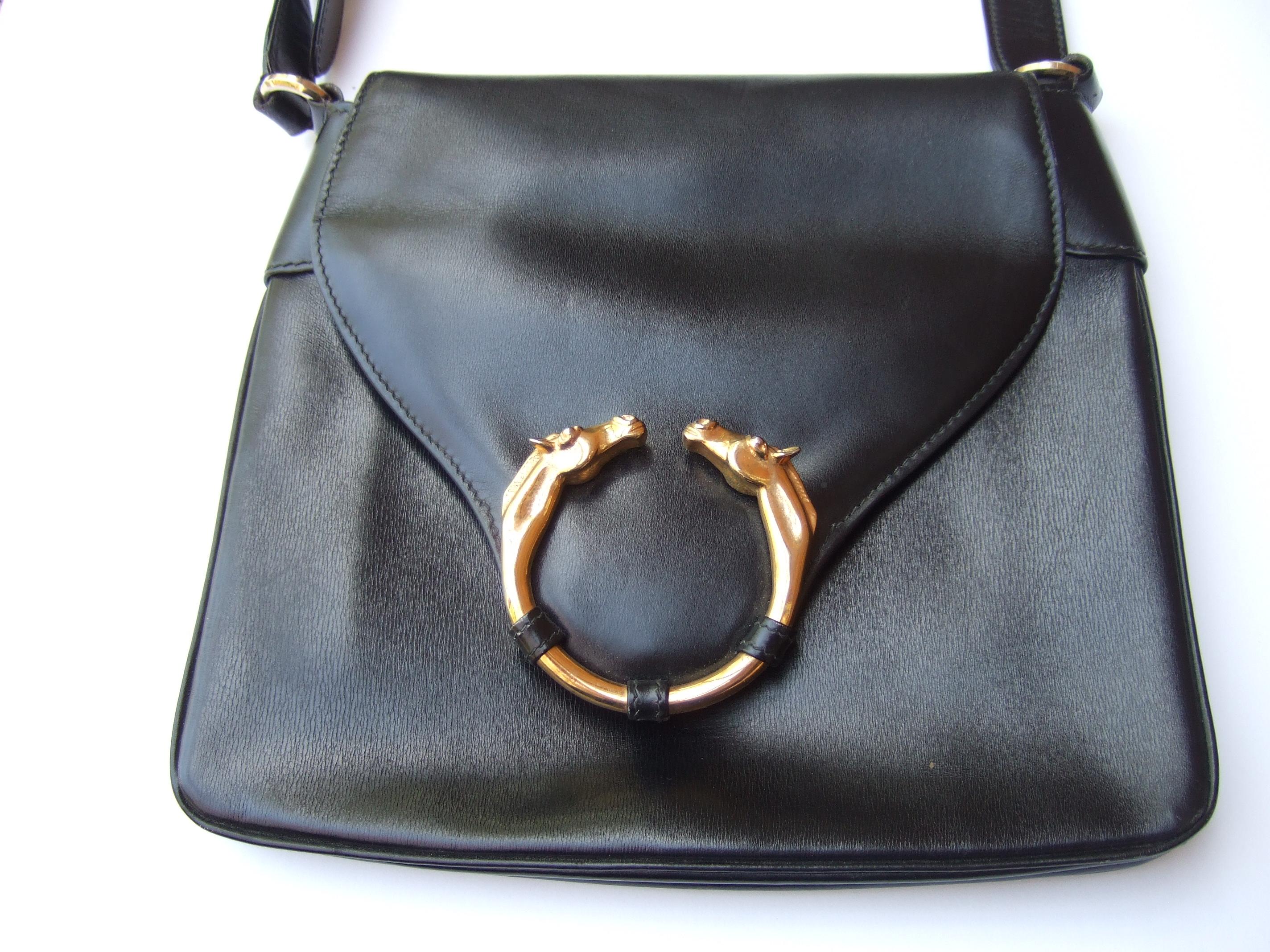 GUCCI Extremely Rare Ebony Leather Equestrian Emblem Handbag c 1970s For Sale 4