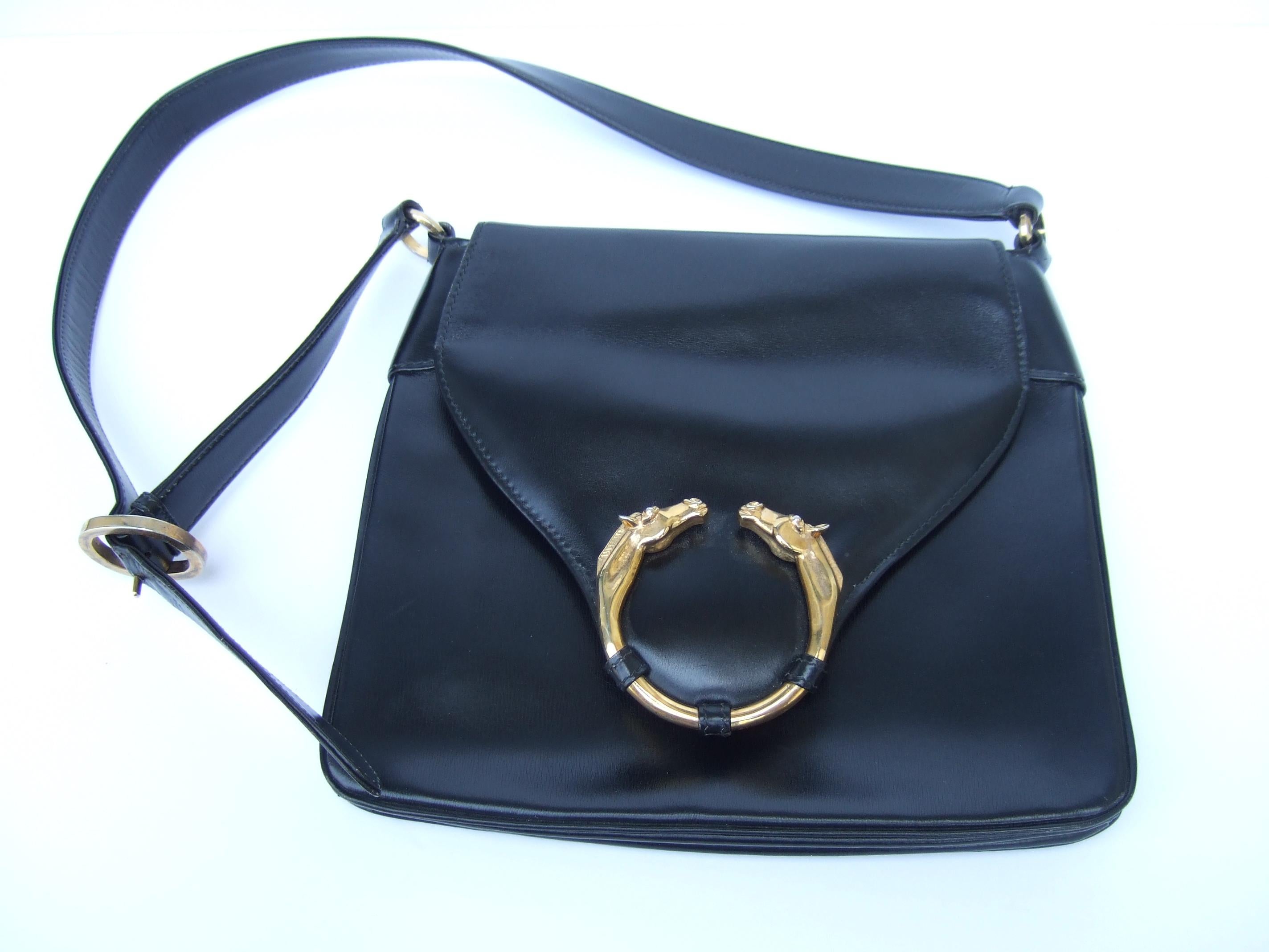 GUCCI Extremely Rare Ebony Leather Equestrian Emblem Handbag c 1970s For Sale 2