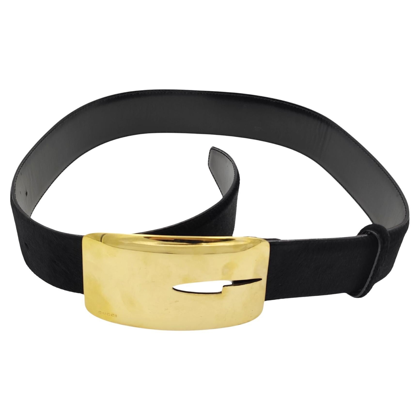 Gucci F/W 1996 schwarzes Ponyhaar goldene Logoschnalle Gürtel