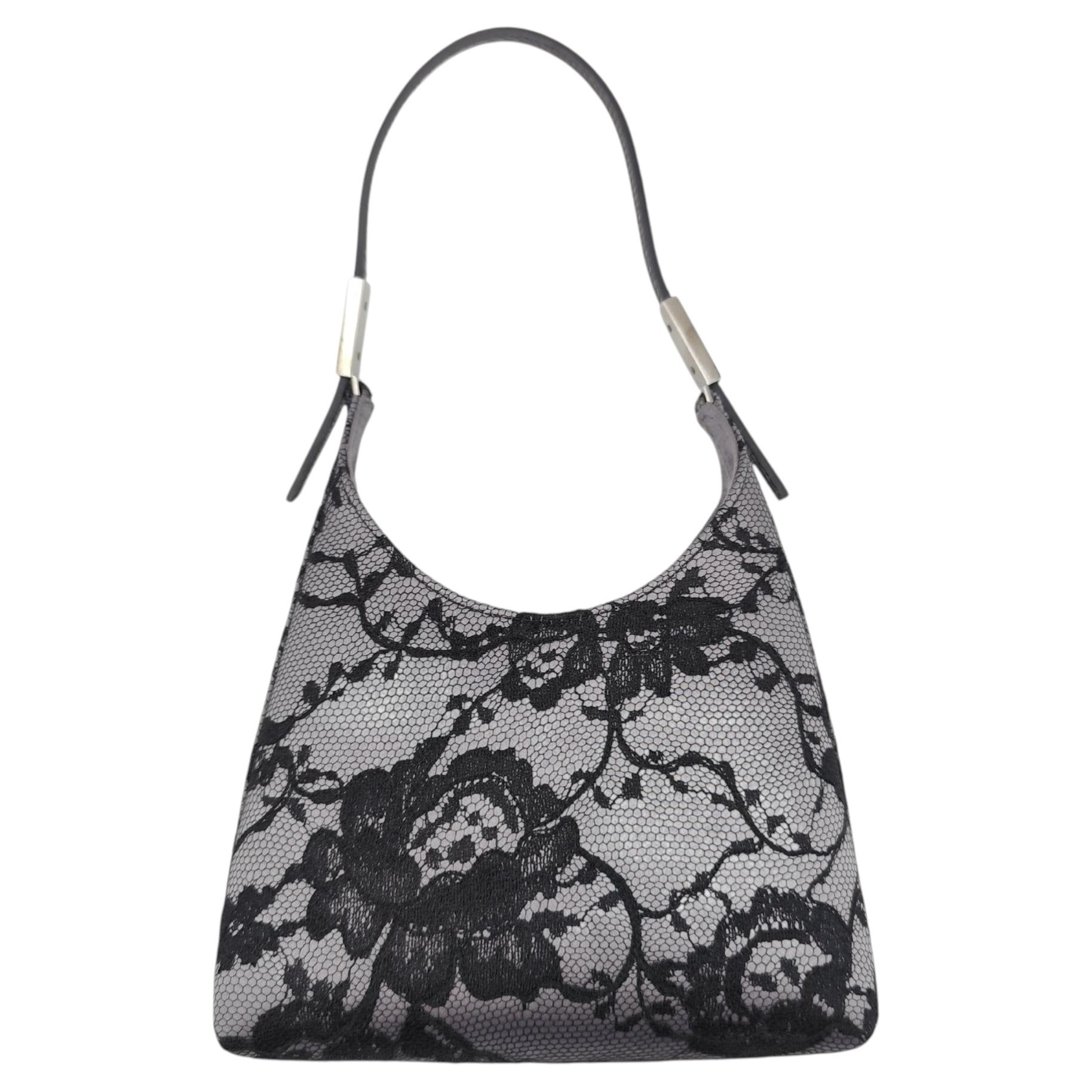Gucci F/W 1998 grey silk black floral lace mini bag with wallet For Sale