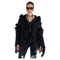 F&F Vintage Gucci by Tom Ford A/I 2002 Cardigan in lana nera con pelliccia di volpe intrecciata
