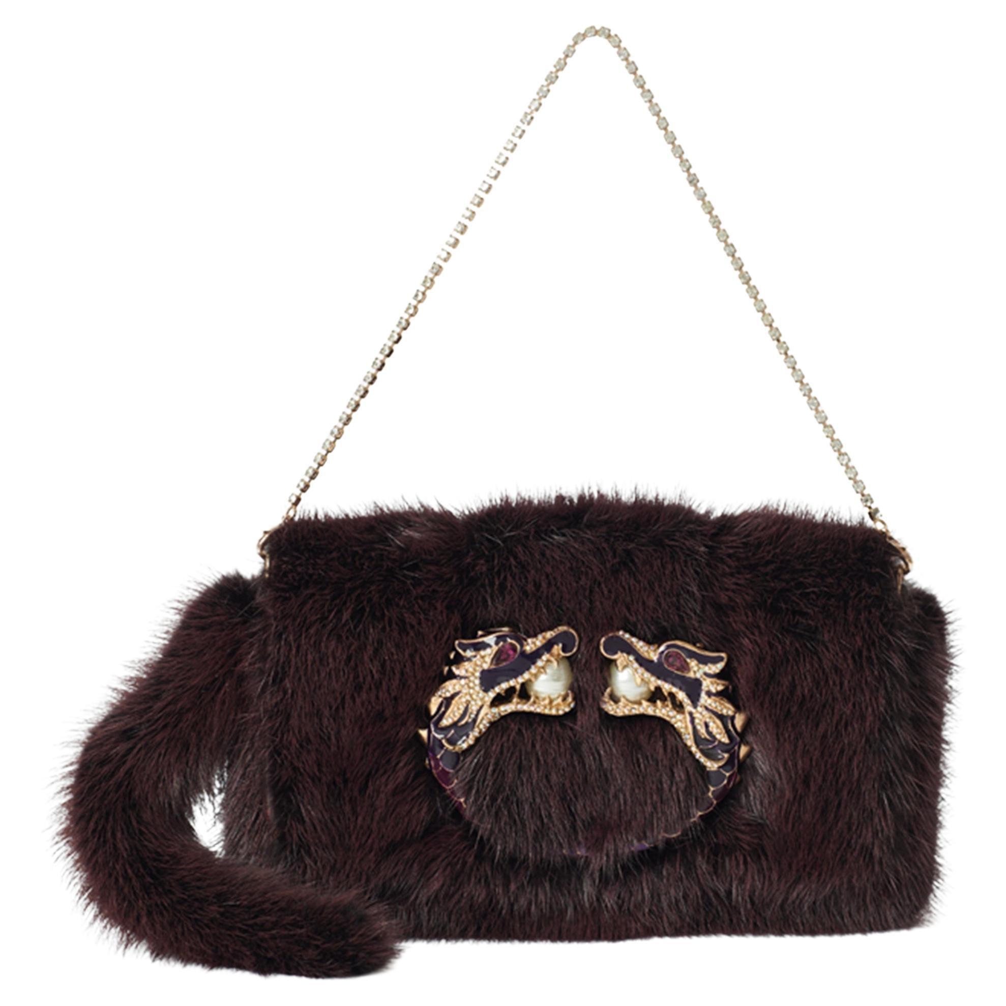 Gucci F/W 2004 Runway Mink Fur Dragon Pearl Burgundy Clutch For Sale
