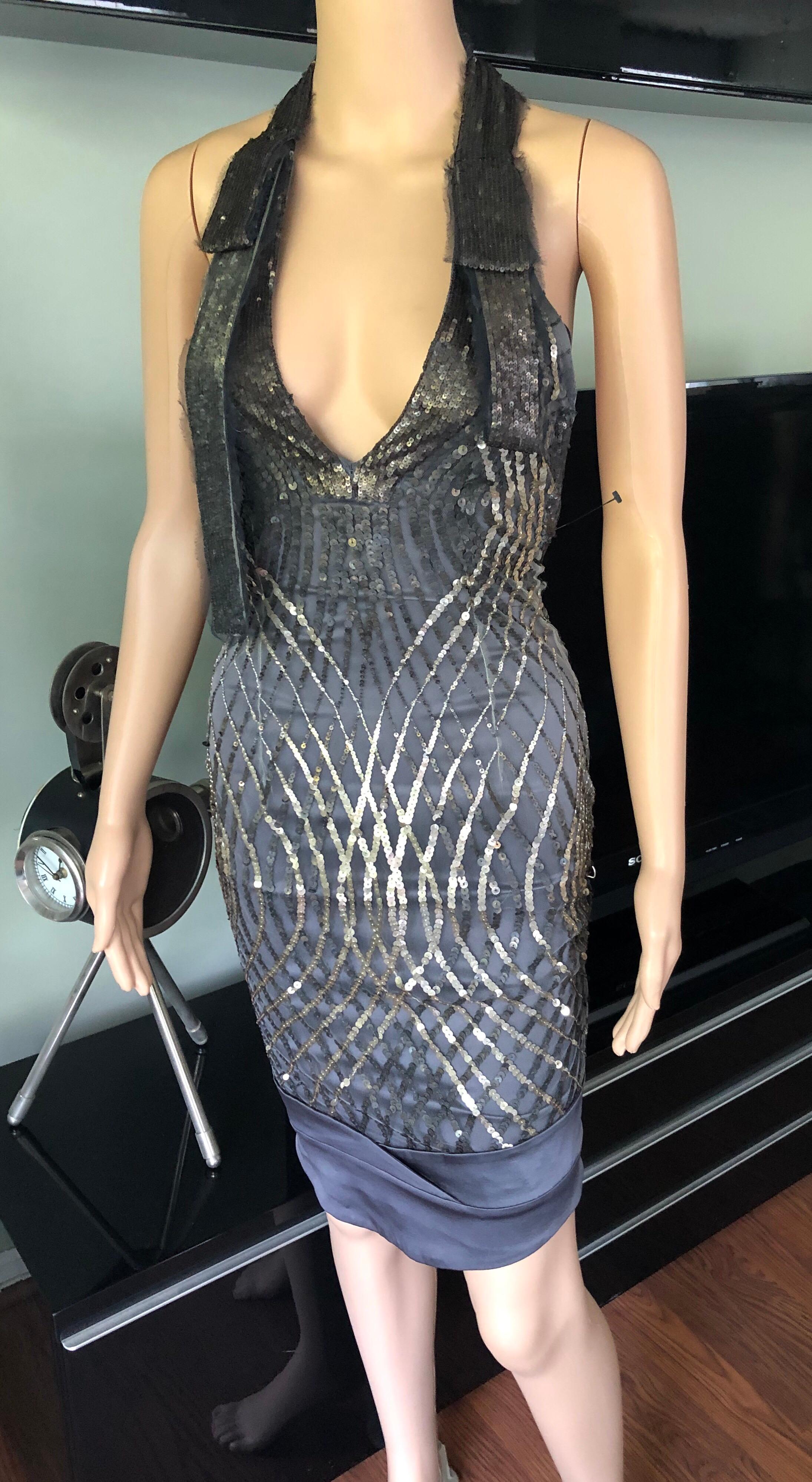 Gray Gucci F/W 2005 Plunged Backless Silk Sequin Embellished Halter Dress For Sale