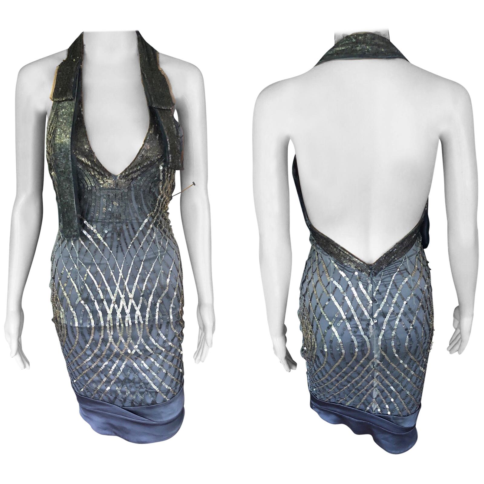 Gucci F/W 2005 Plunged Backless Silk Sequin Embellished Halter Dress