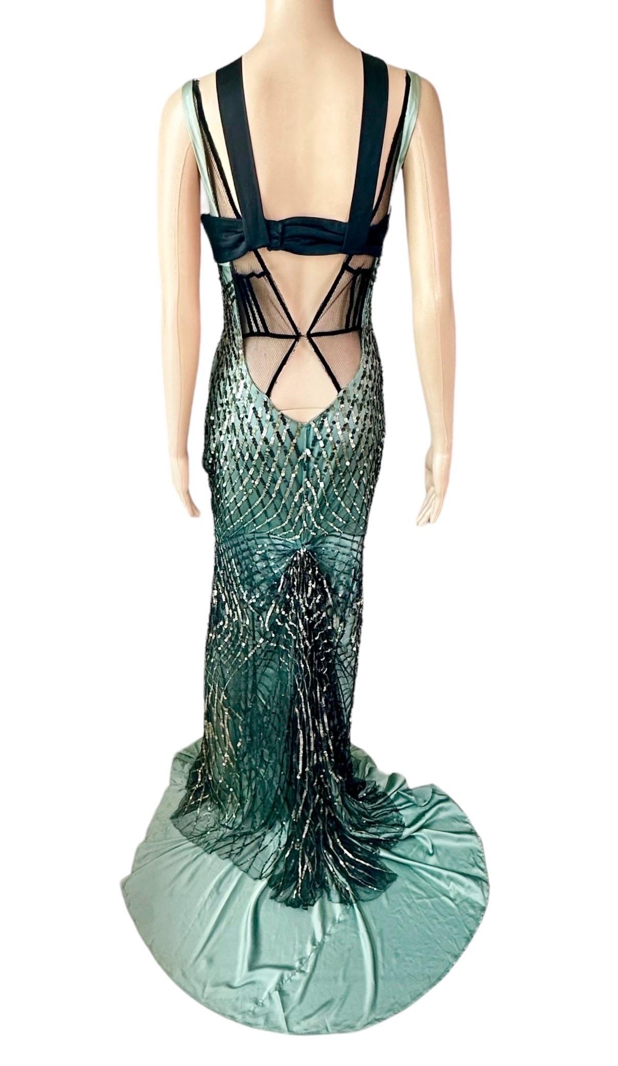 Gucci F/W 2005 Runway Sequin Embellished Silk Mesh Cutout Evening Dress Gown In Good Condition In Naples, FL