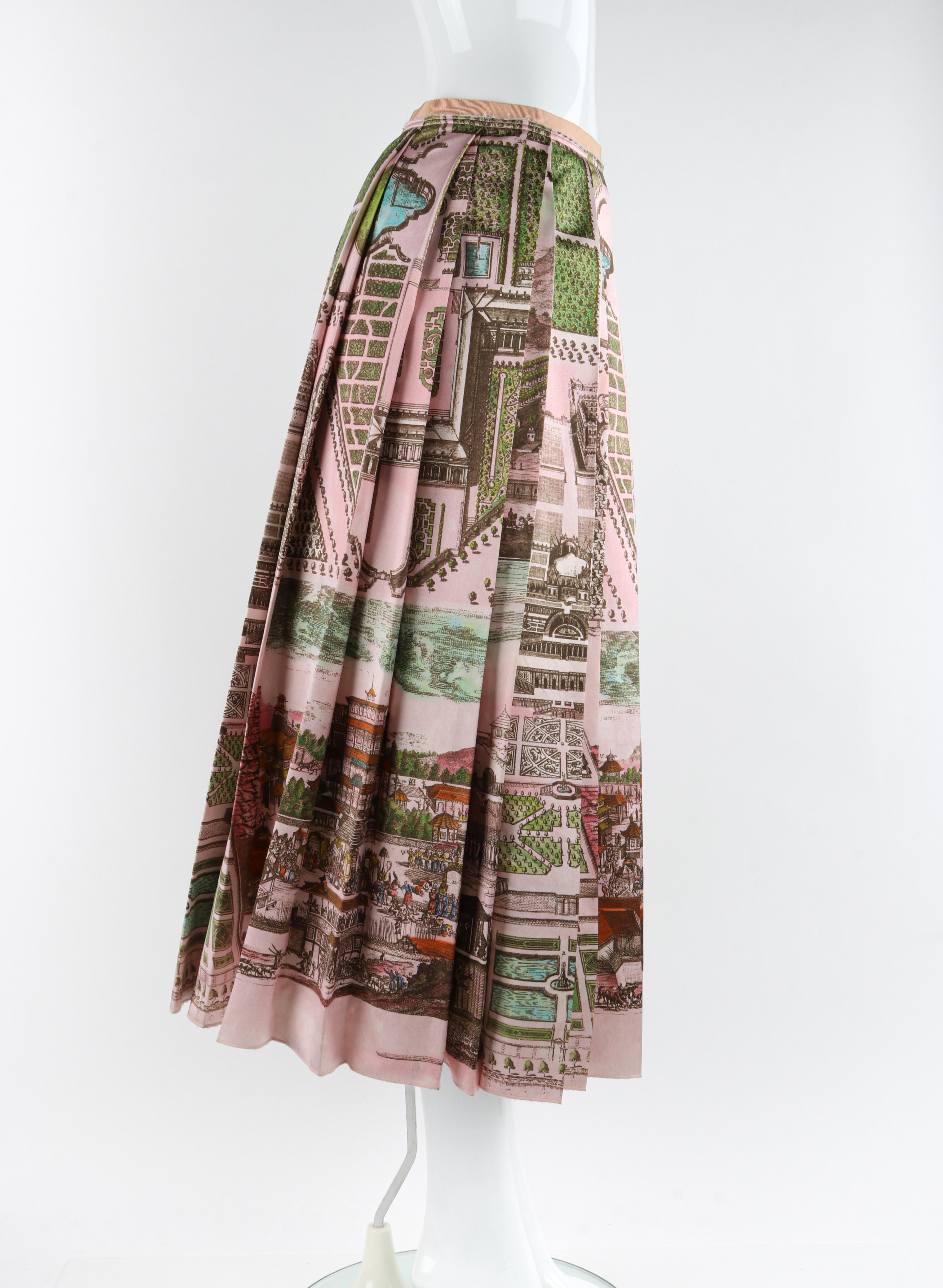 GUCCI F/W 2016 Pink Multicolor Historic Garden Aerial Map Pleated Midi Skirt In Good Condition For Sale In Thiensville, WI
