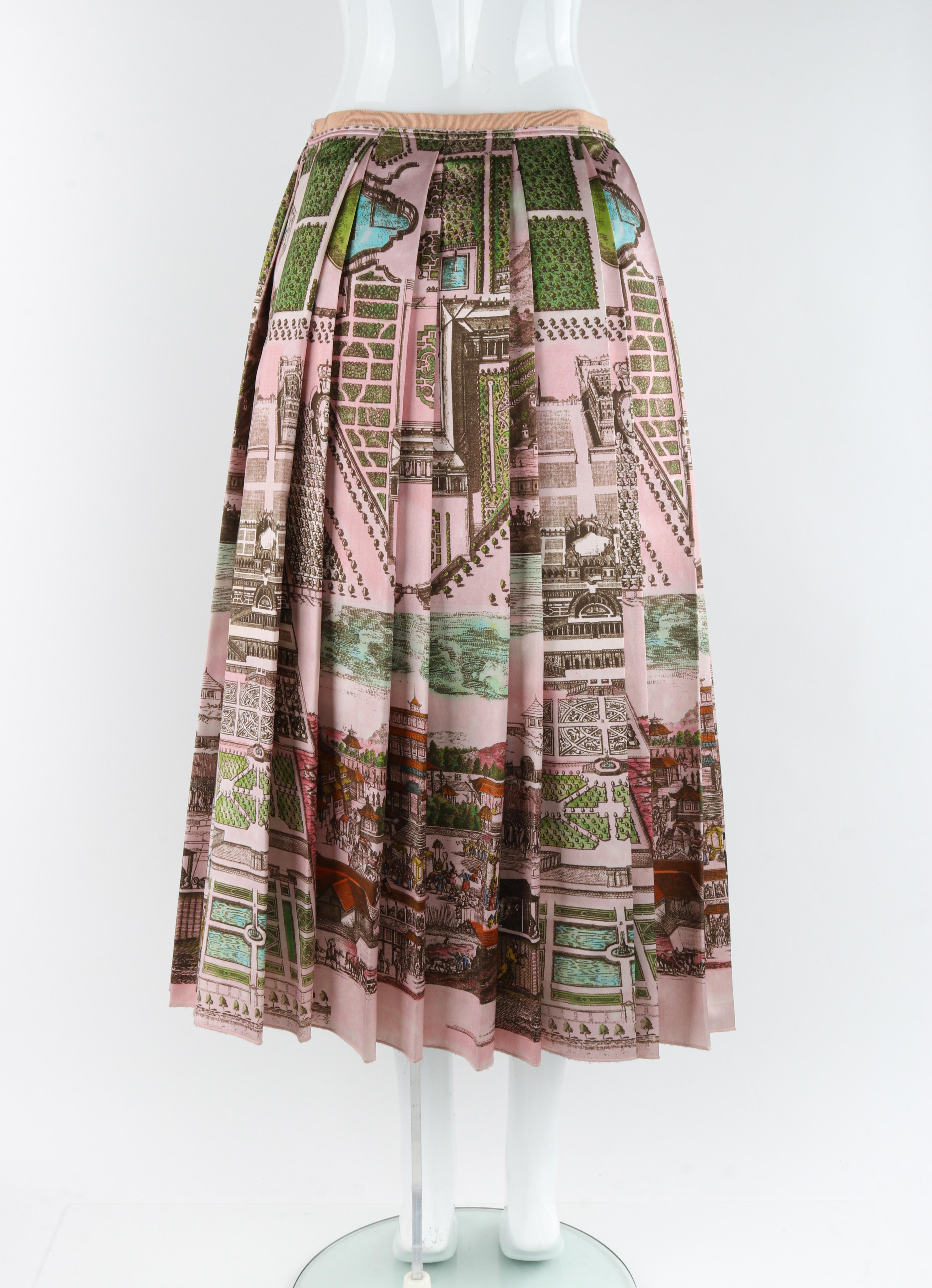 Women's GUCCI F/W 2016 Pink Multicolor Historic Garden Aerial Map Pleated Midi Skirt For Sale