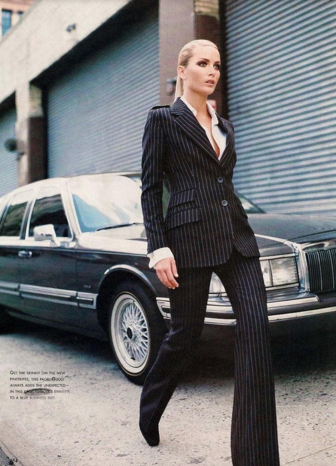 Gucci Fall 1996 Runway Pinstripe Jacket & Pant Suit Set In Excellent Condition In Hertfordshire, GB